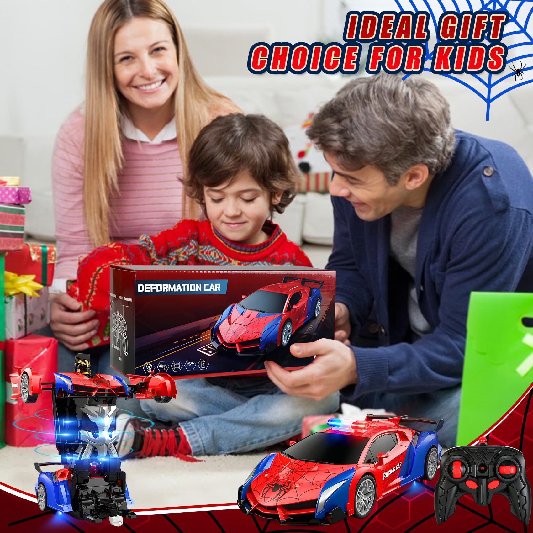 Macchina Telecomandata Spider, 2.4GHz Robot Trasformabile Spider RC Auto con Telecomando, 2 in 1 Macchina Polizia Giocattolo Bambini con Luce Lampeggiante, Auto Robot Trasformabile per Bambini