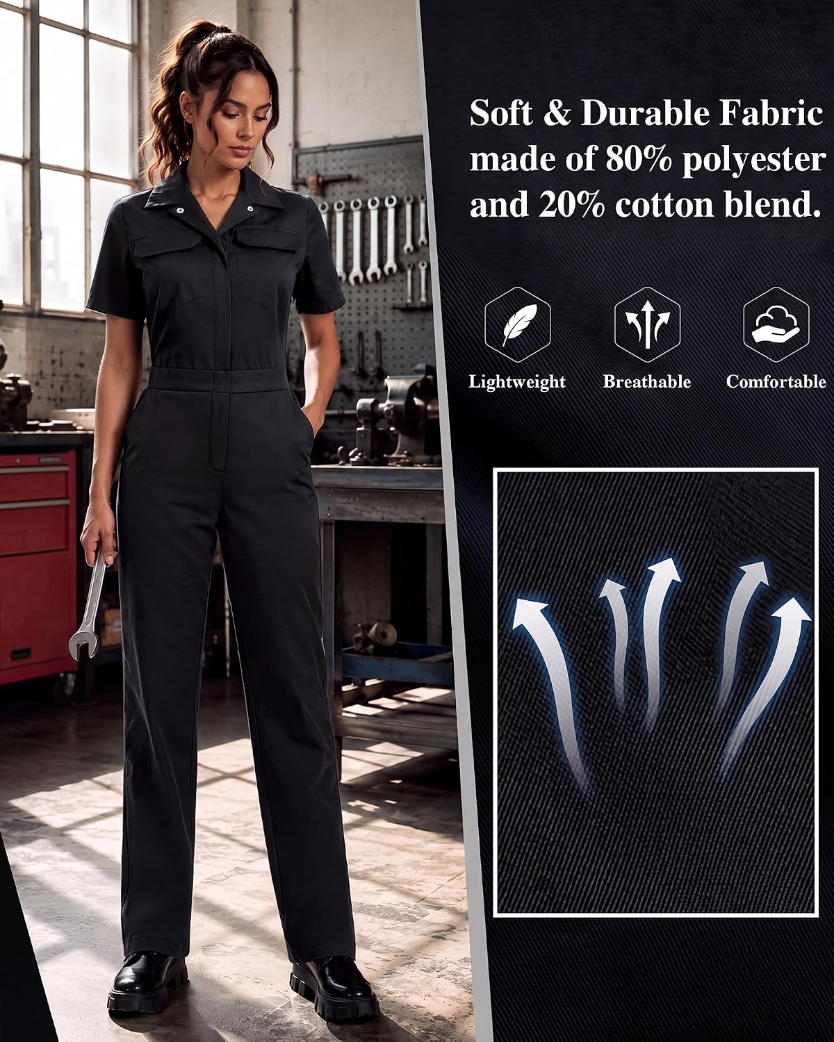 Womens Short Sleeve Coverall Zip Up Snap Front Work Jumpsuits with Pockets Lightweight Regular Fit Workwear