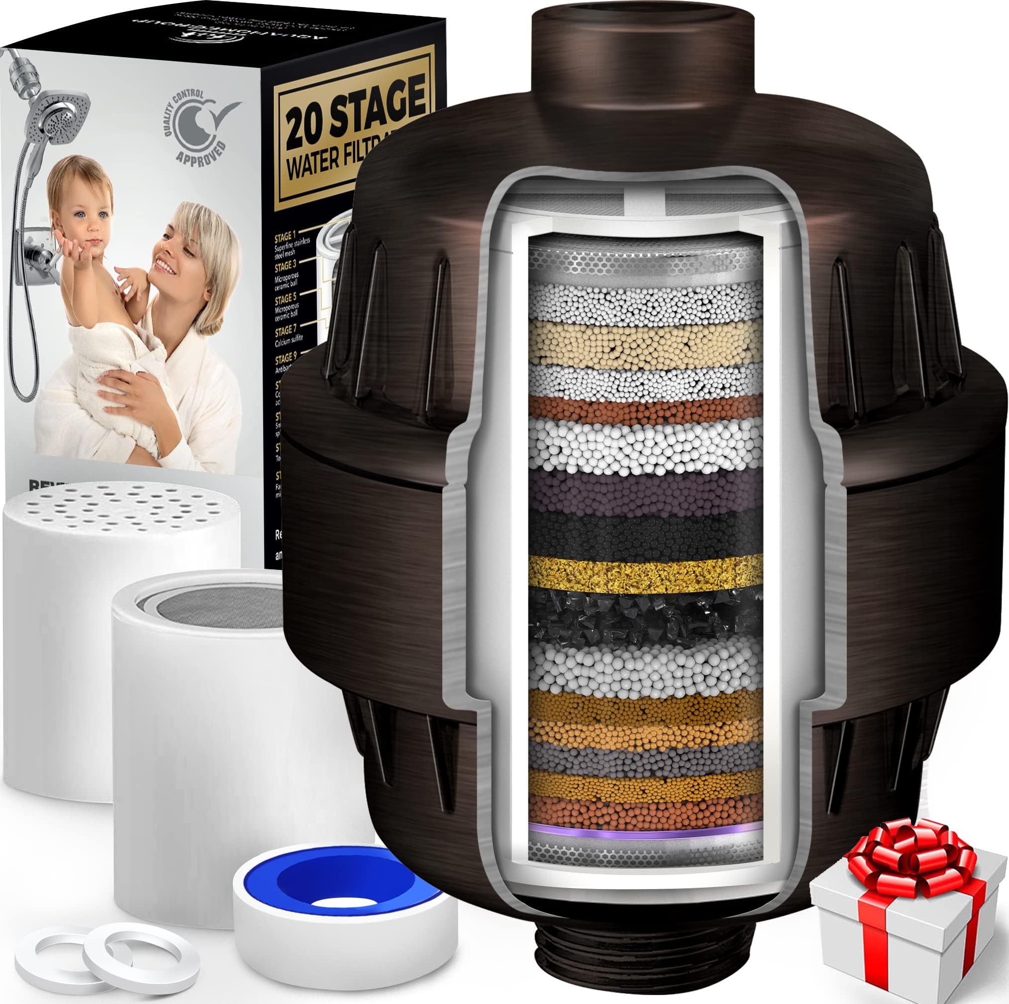 - AquaHomeGroup 20 Stage Shower Filter with Vitamin C E and A - Reduces Chlorine, Heavy Metals and Sediment - 2 Cartridges Included - Oil Rubbed Bronze