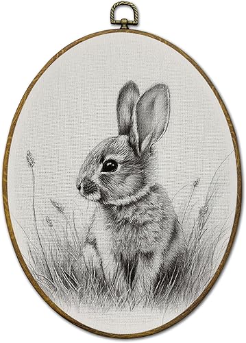 QZQE Vintage Easter Bunny Oval Wall Art Decor Framed, Antique Easter Rabbit Sket
