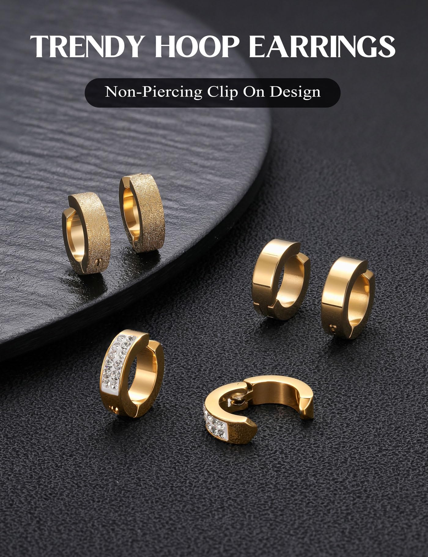 3 pares de aretes de aro de acero inoxidable para hombre y mujer con circonita cúbica sin perforación, Acero inoxidable Circonita cúbica, Circonia cúbica 7