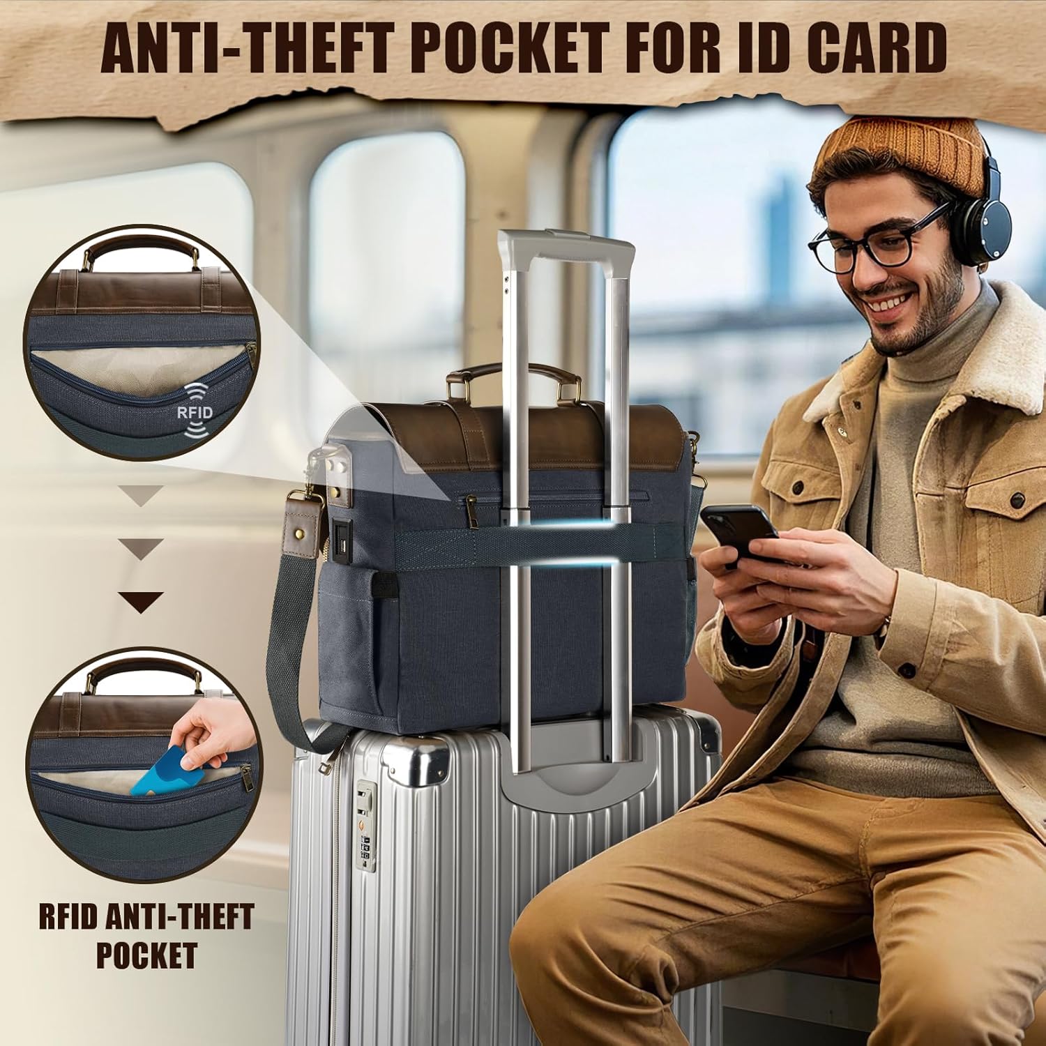 MATEIN Professional Work Bag with USB Port & RFID Blocking, Vintage 15.6 Inch Laptop Messenger Bag Canvas Briefcase for Men, Water Resistant Computer Sachel for Commuting, Brown & Charcoal Grey - Image 6