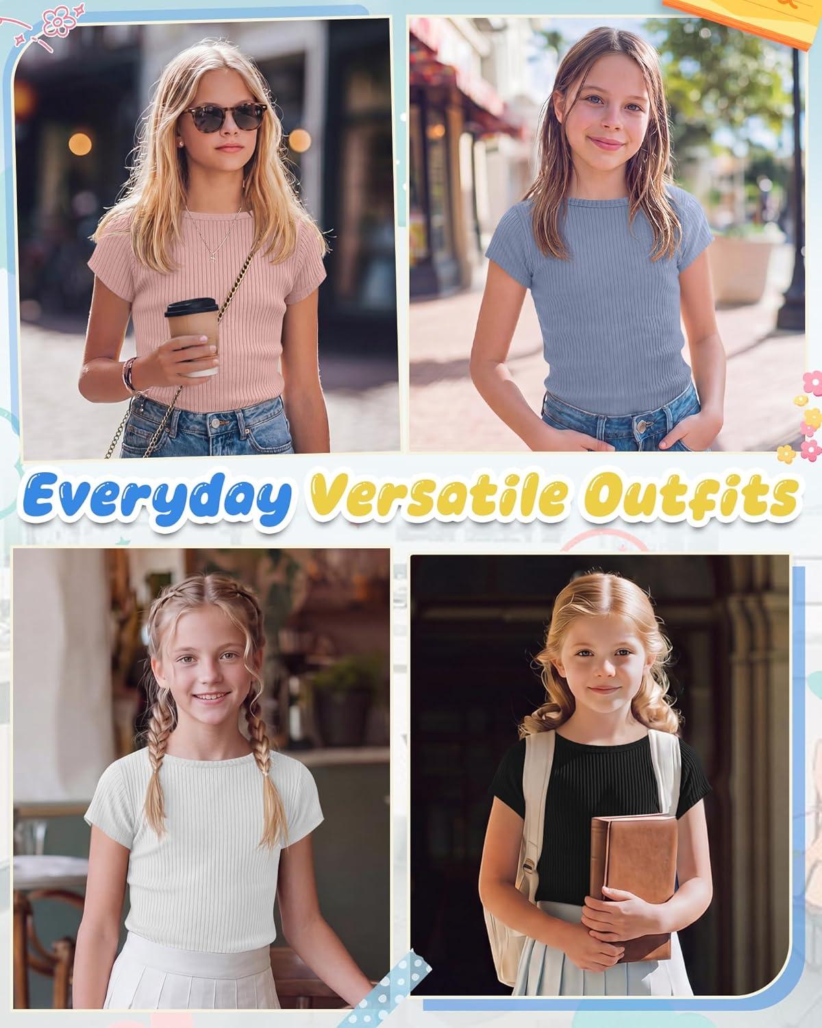 4 Pack Girls' Short Sleeve Ribbed Shirts 5-14 Years Kids Boat Neck Stretch Slim Tees Basic Lightweight Bustier Tops
