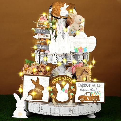 Marsui 27 piezas de decoración de bandeja escalonada de Pascua con purpurina decoración rústica de primavera de conejo camión gnomo huevo decoración