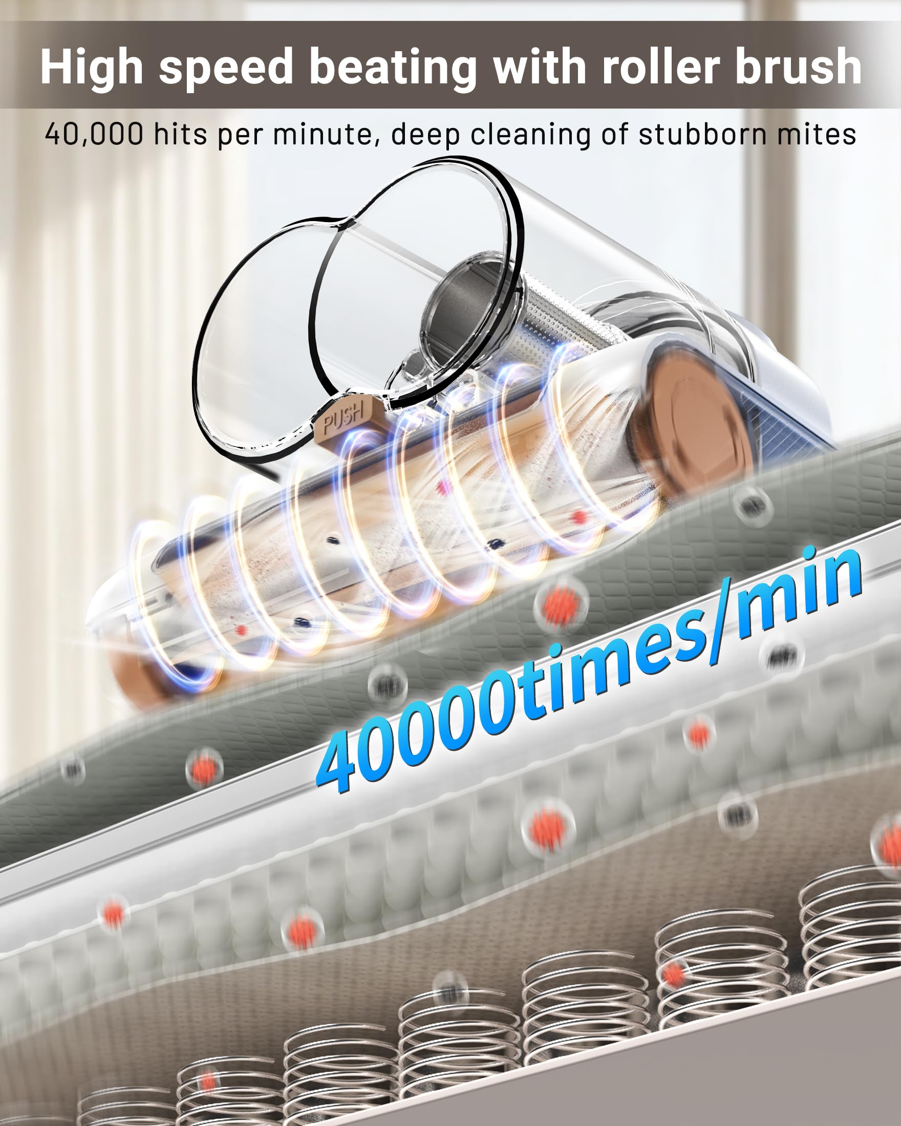 Aspirapolvere per Materassi 15KPa, 700W Battimaterasso Antiacaro con Luce-UV 65°C e Ultrasuoni, Doppia Tazza Antipolvere, Spazzola a Rullo ad Alta Velocità, Rimuove il 99.9% Degli Allergeni
