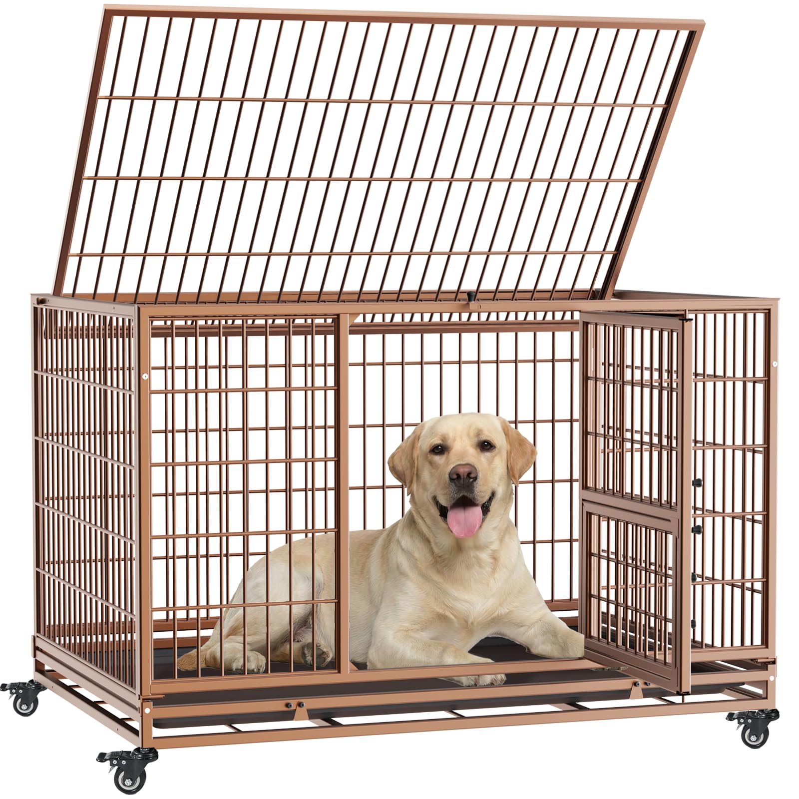 Gardner Pet Heavy Duty Dog Crate with Wheels 111x75.4x75cm,Folding Metal Dog Cage for Medium and Large Dogs,Indestructible Dog Crate with Removable Tray,360° Rotatable Wheels,Stackable(Brown)
