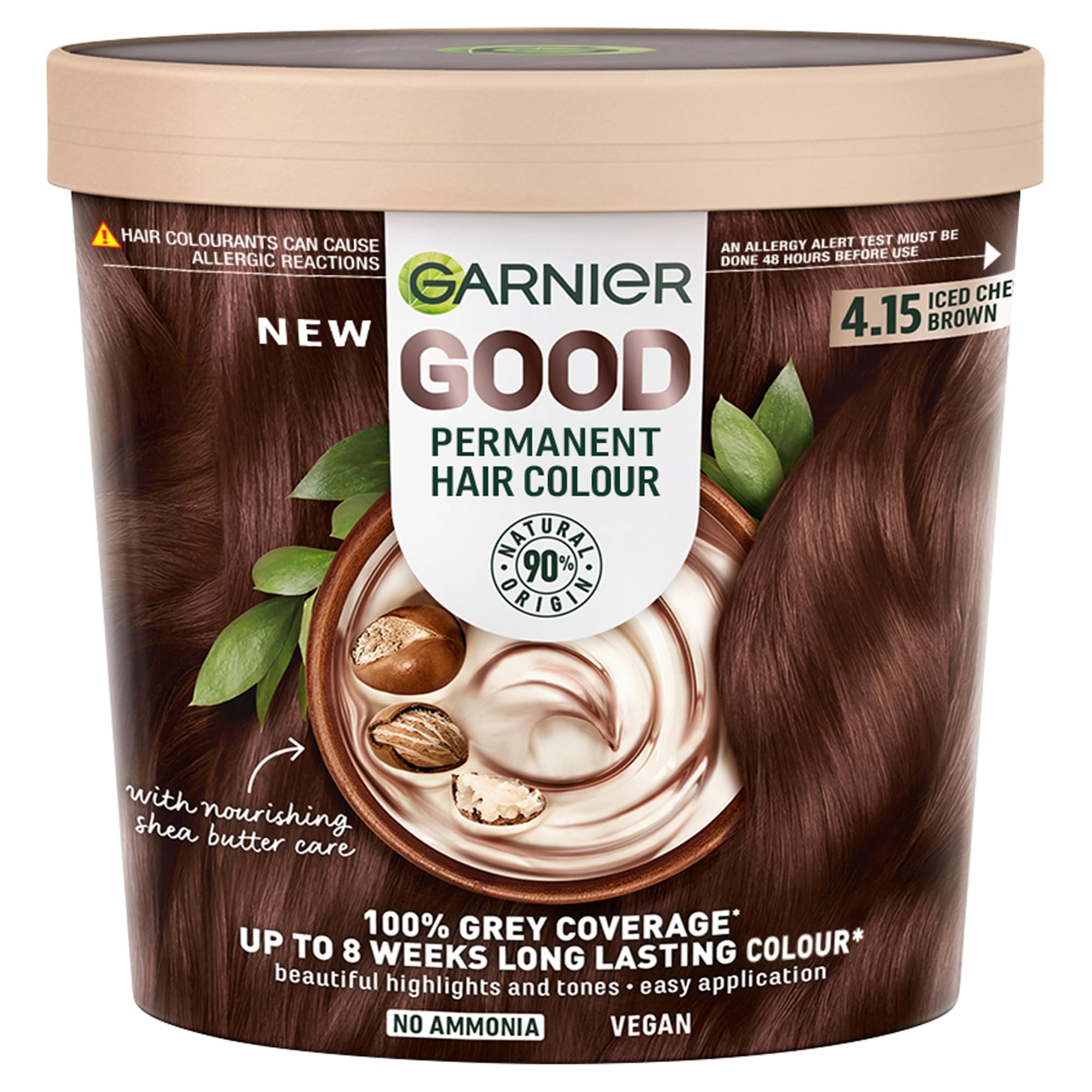 Garnier GOOD Permanent Hair Dye, 4.15 Iced Chestnut Brown. Delivers 100% grey coverage and 8-week colour. No ammonia, vegan shea butter formula for cool, rich brown on all hair types.