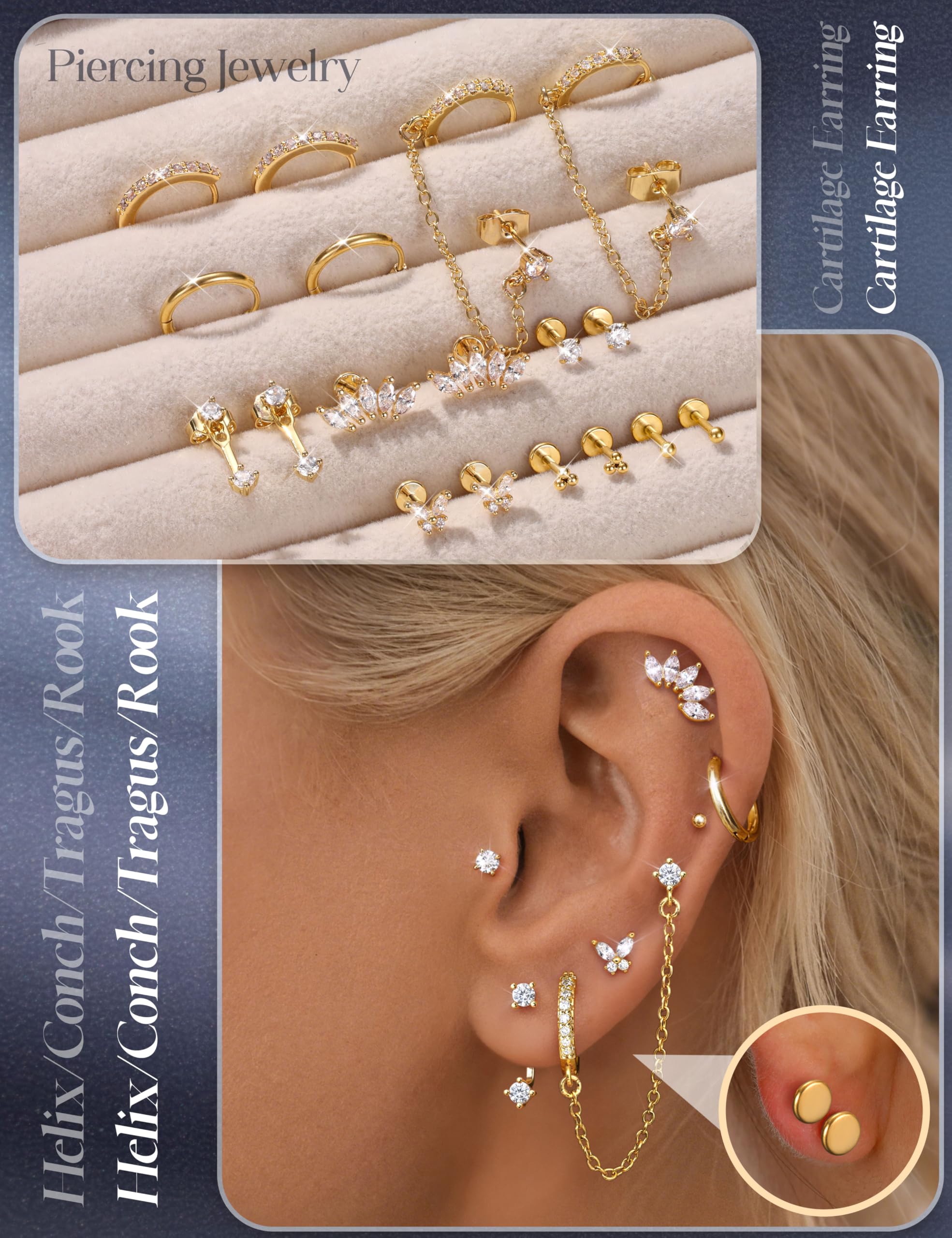 Pendientes de Tuerca con Parte Trasera Plana de 16G/18G/20G para Mujer, hipoalergénicos
