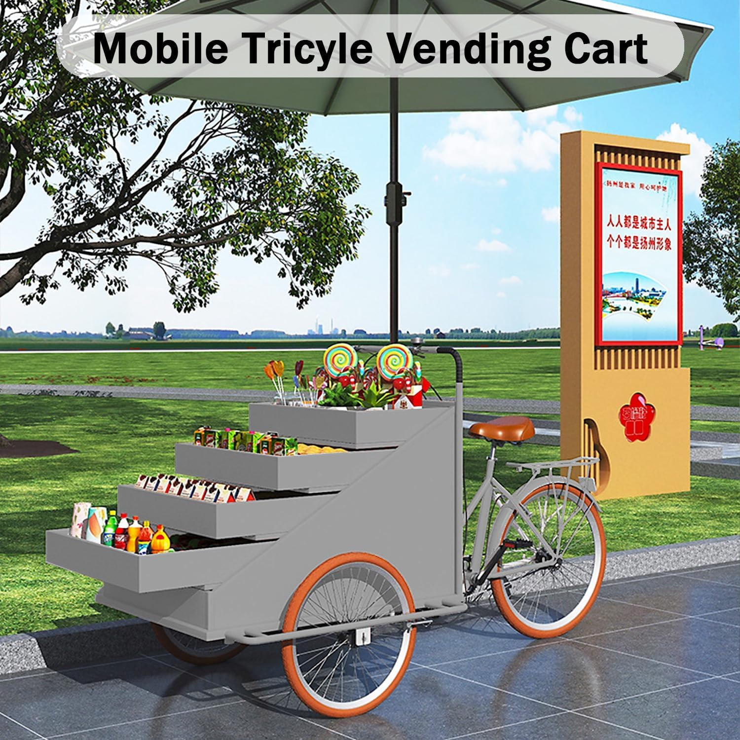 Mobilny wózek do sprzedaży żywności z dużym wyświetlaczem, design trójkołowy i parasol na imprezy plenerowe, festiwale, targi – przyczepa komercyjna o dużej pojemności