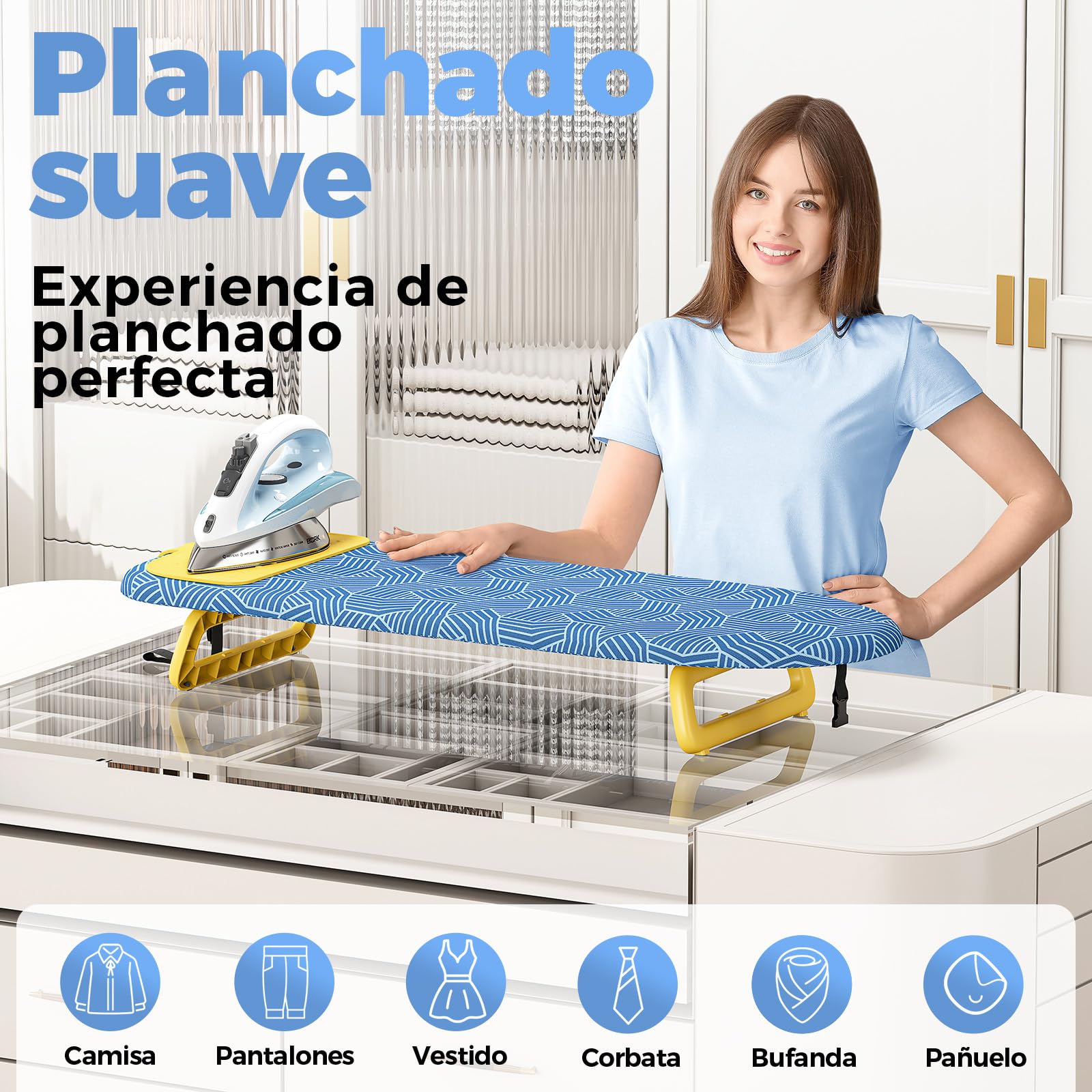 KINGRACK Tabla de Planchar Plegable, con Almohadilla Aislante, Amarillo | Plegable y compacta, ideal para viajes, dormitorios y espacios pequeños