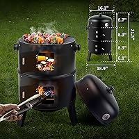 Vista 6 de VINGLI Parrilla de carbón de 18 pulgadas con ahumador de barbacoa multicapa, parrilla redonda resistente, ahumador vertical con termómetro