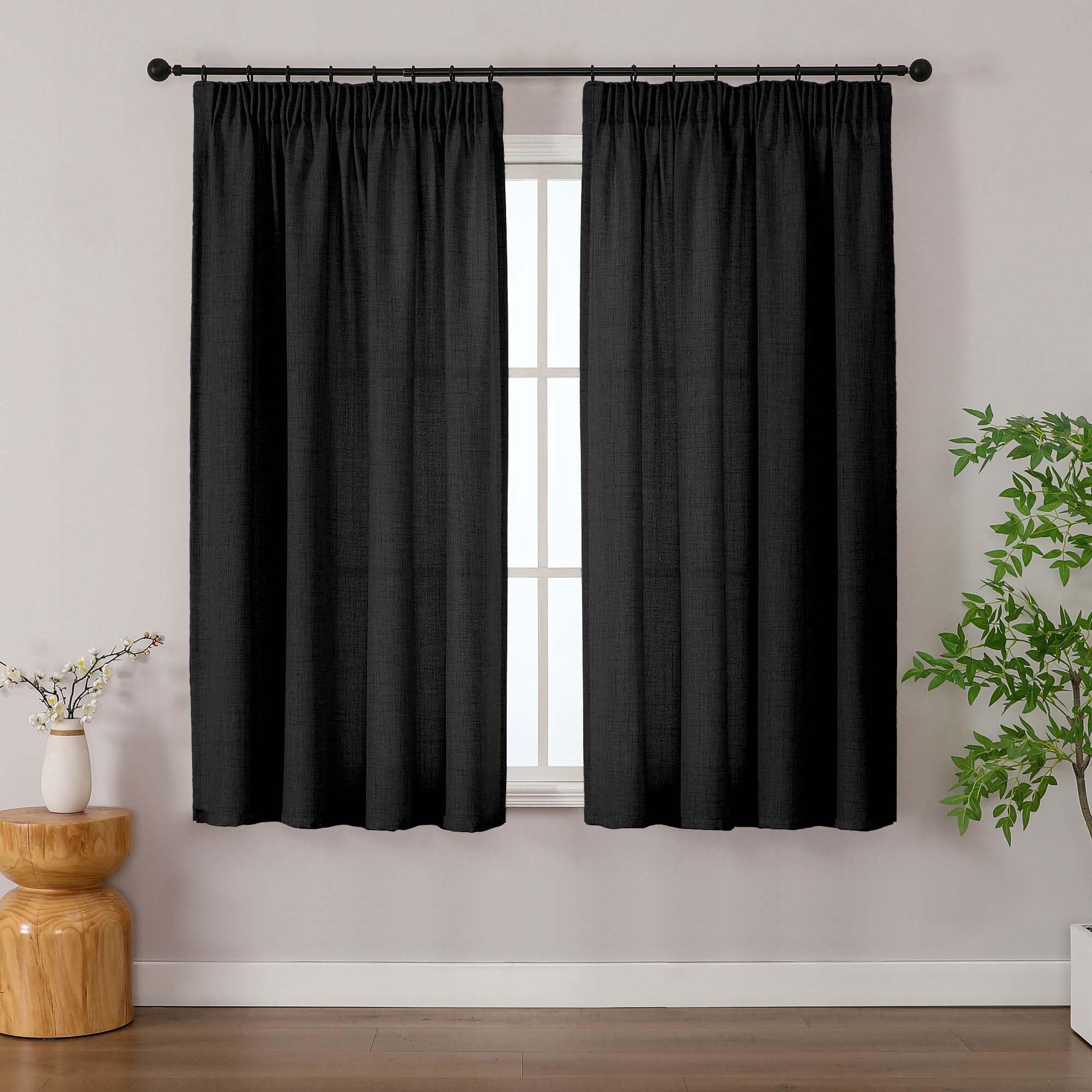 Simplebrand Black Tiers for Windows 122 cm Long 2 Pcs, Light Filtering Faux Linen Textured Semi Small Short Tiers for Bathroom Laundry Basement, Pencil Peal Top, Each 140Wx122L CM