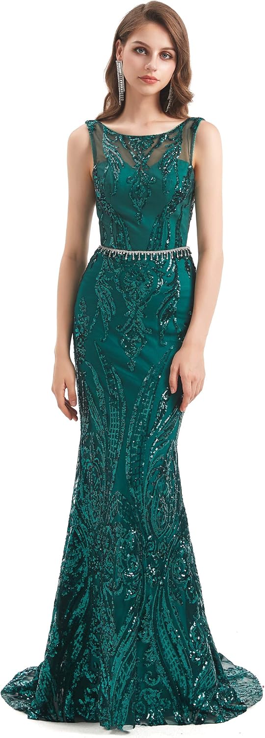 Women's Scoop Sequins V-Backless Mermaid Evening Dress with Belt