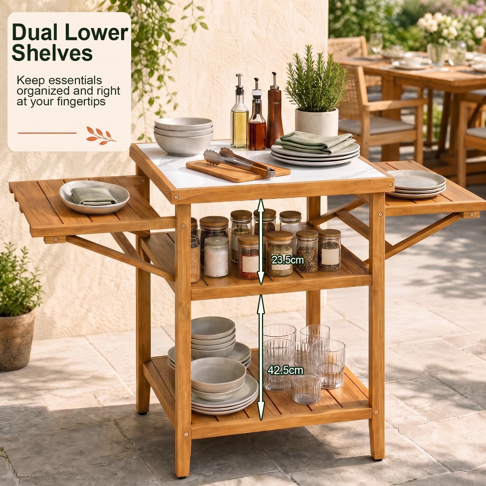 Giantex Mesa de Barbacoa de Exterior, Mesa de Parrilla de Madera de Acacia | 124,5x60x89,5cm, Mesa de Madera Acacia, Tablero con Diseño de Imitación de Mármol, Estantes de Listones, para Jardín, Terraza