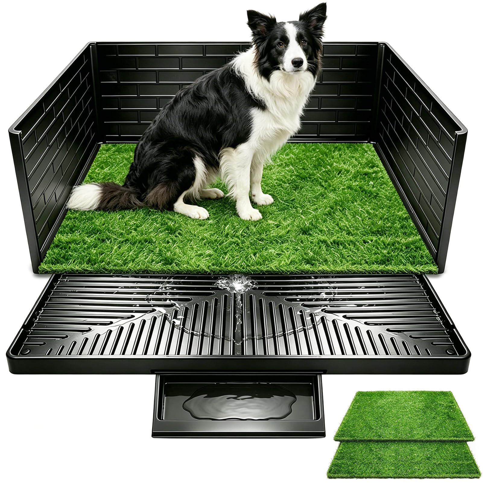 Grass Dog Potty, Indoor Pet Toilet with Three-Sided Splash Guards, Dog Training Pad with Artificial Grass Mat and Waste Tray
