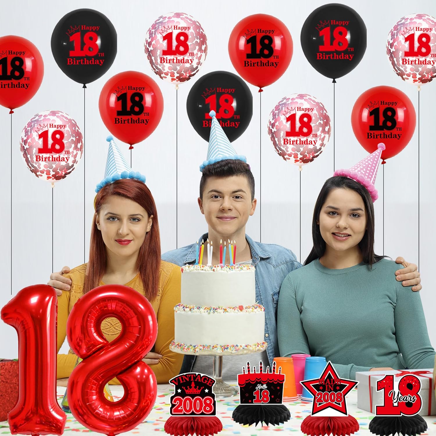 DARUNAXY 18th Birthday Party Decorations for Boys, Black Red Back in 2008 Banner, Red 18 Number Balloons & Cake Topper, Vintage 2008 Sweet 18 Birthday Honeycomb Hanging Swirl Confetti Balloons(30PC)