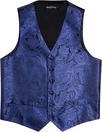 Miniatura 5 de Barry.Wang Chaleco de traje con cuello en V de cachemira para hombre, chaleco de jacquard de seda formalocio, conjunto de 5 piezas