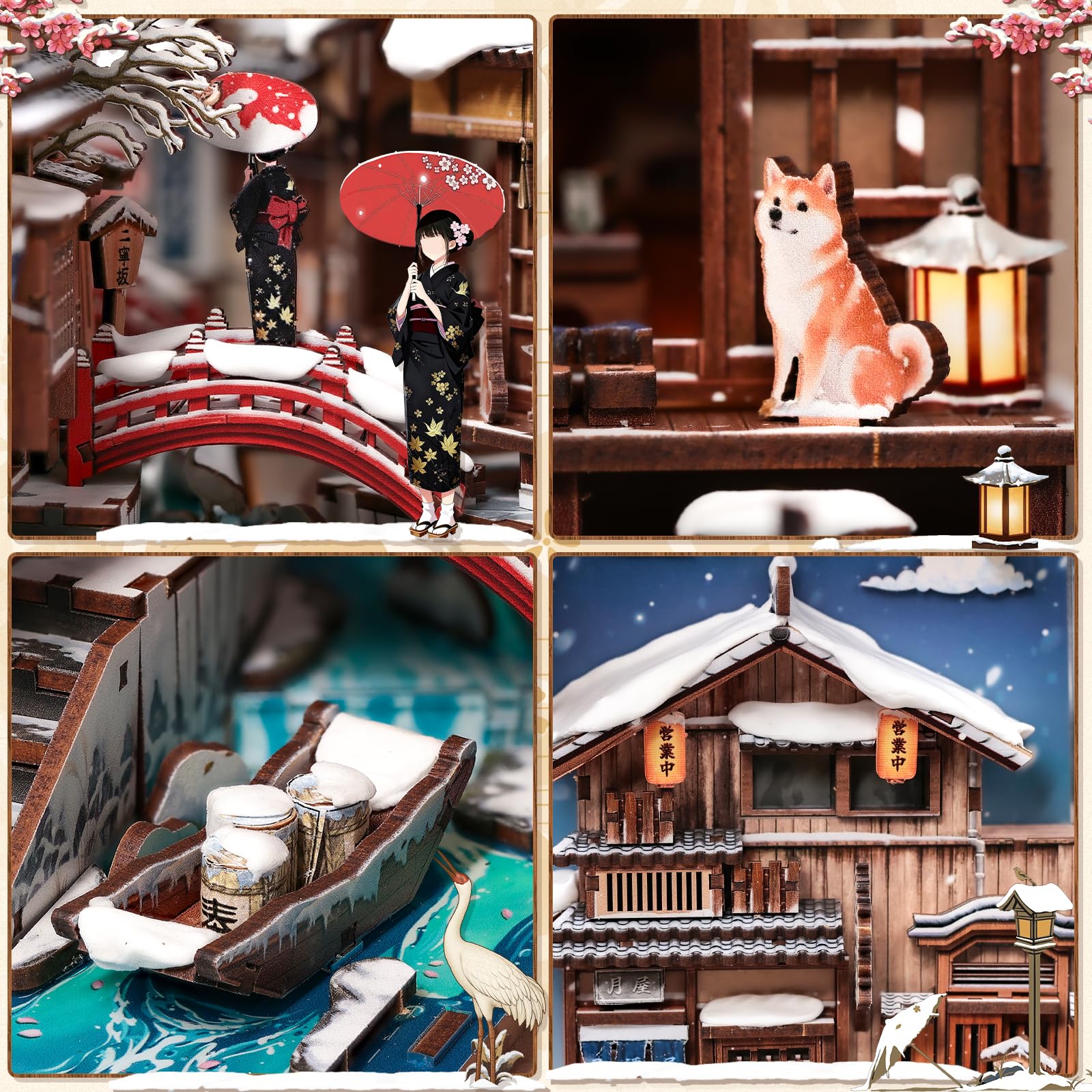 Fsolis Zestaw Book Nook - Kyoto śnieżna nocna scena domku dla lalek, drewniany zestaw puzzli 3D, dekoracja regału, prezent dla dorosłych (szept śniegu z Kioto)