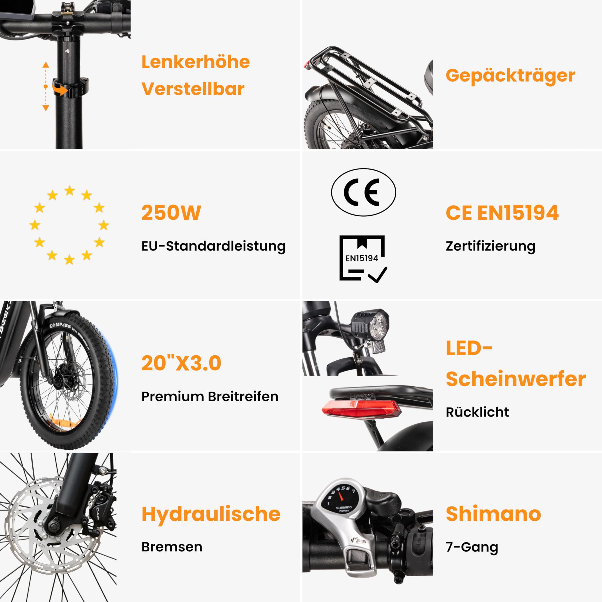 C20 E Bike 20 Zoll Fatbike für Damen Herren, Ebike Klapprad City 250W Motor 25 km/h, 48V 15,6Ah Akku, Elektrofahrrad mit Hydraulische Scheibenbremsen LCD Display Shimano 7 Gang