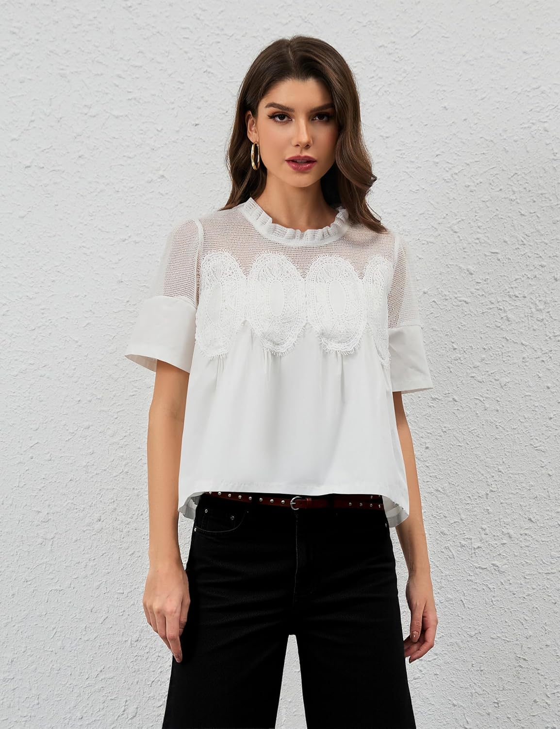 Women Lace Trim Blouse Mesh See Through Puff Short Sleeve Ruffle Pleated Shirts Mock Neck Summer Babydoll Tops - Image 3