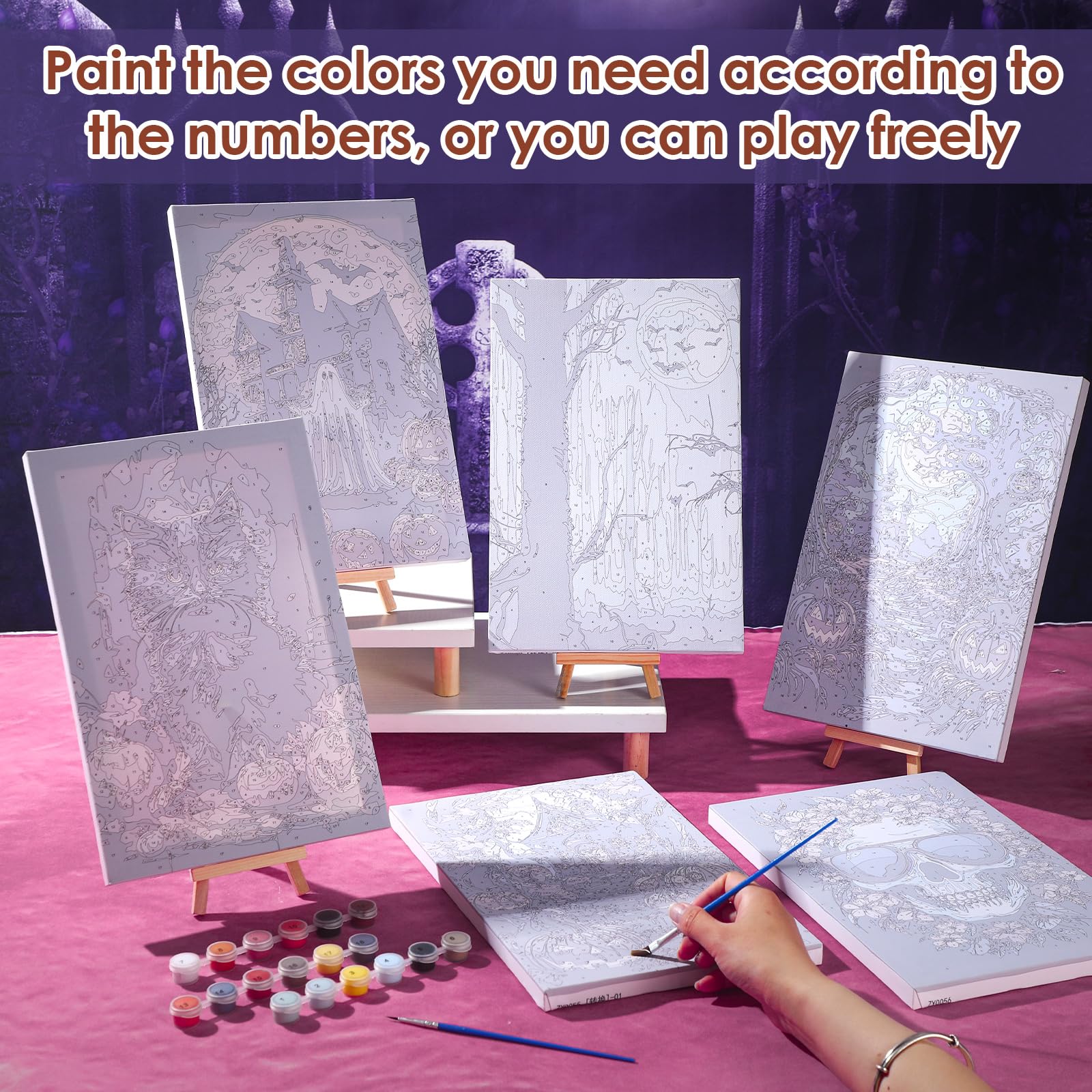 Honoson 6 kit di pittura per Halloween con numeri per adulti, 20 x 30 cm, fai da te, fantasma, scheletro, zucca, gatto, kit per principianti con telaio in tela, cavalletto, colori acrilici, pennello