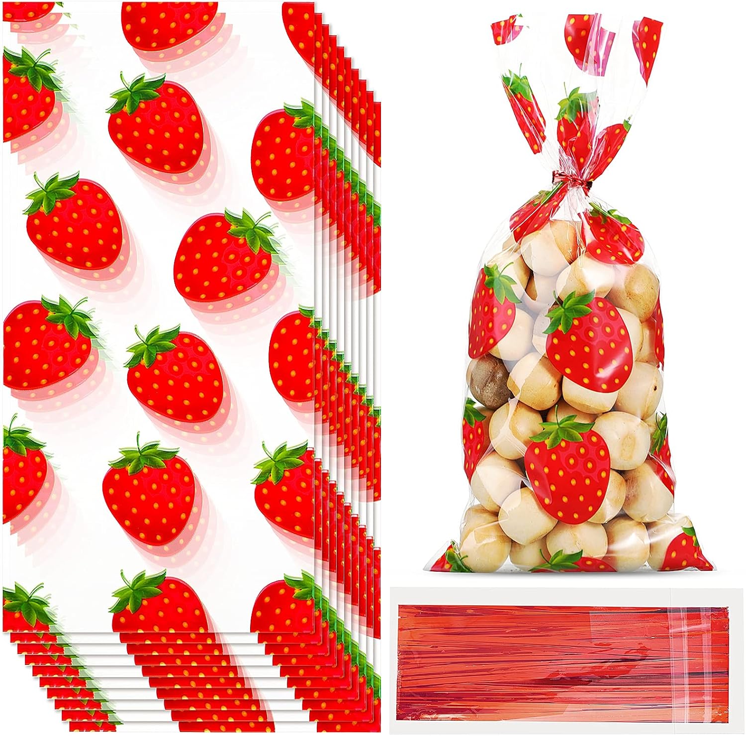 Willbond 100 Pieces Strawberry Goodie Bag Cellophane Treat Bags with Twist Ties Plastic Candy Gift Bags for Strawberry Themed Birthday Party Favors Decorations Supplies