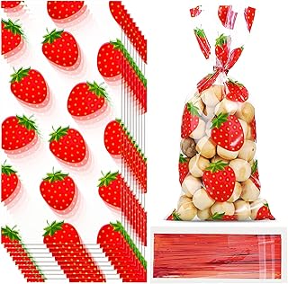 WILLBOND 100 Pieces Strawberry Party Bags Plastic Cellophane Treat Candy Goodies Bags with 100 Pieces Twist Ties for Strawberry Themed Birthday Party Decoration(Red)