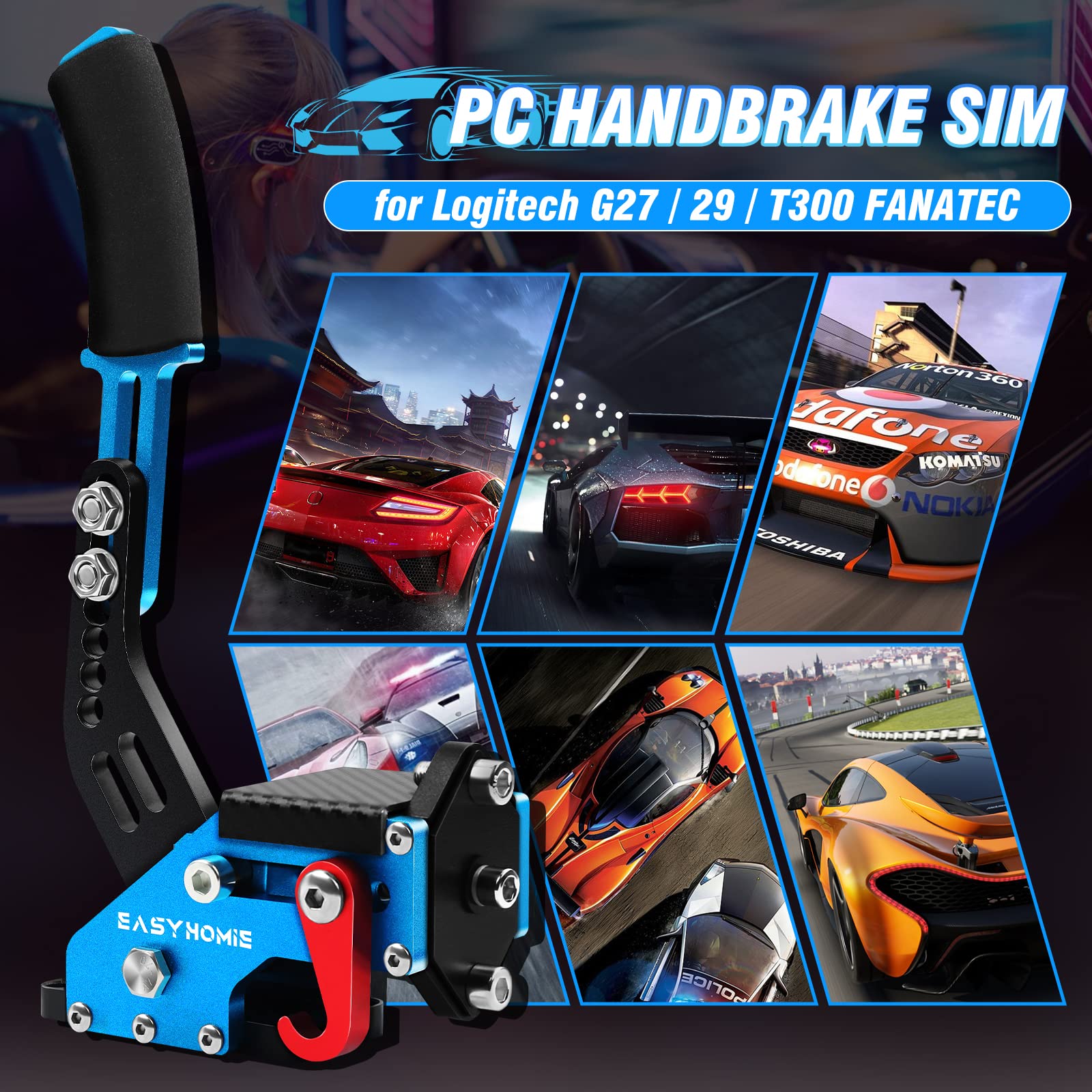 Easyhomie Freno de Mano USB de PC con Base Fija y Accesorios para Logitech G27 / G29 / T300 FANATEC, Profesional, Adaptable y Ajustable (Azul)