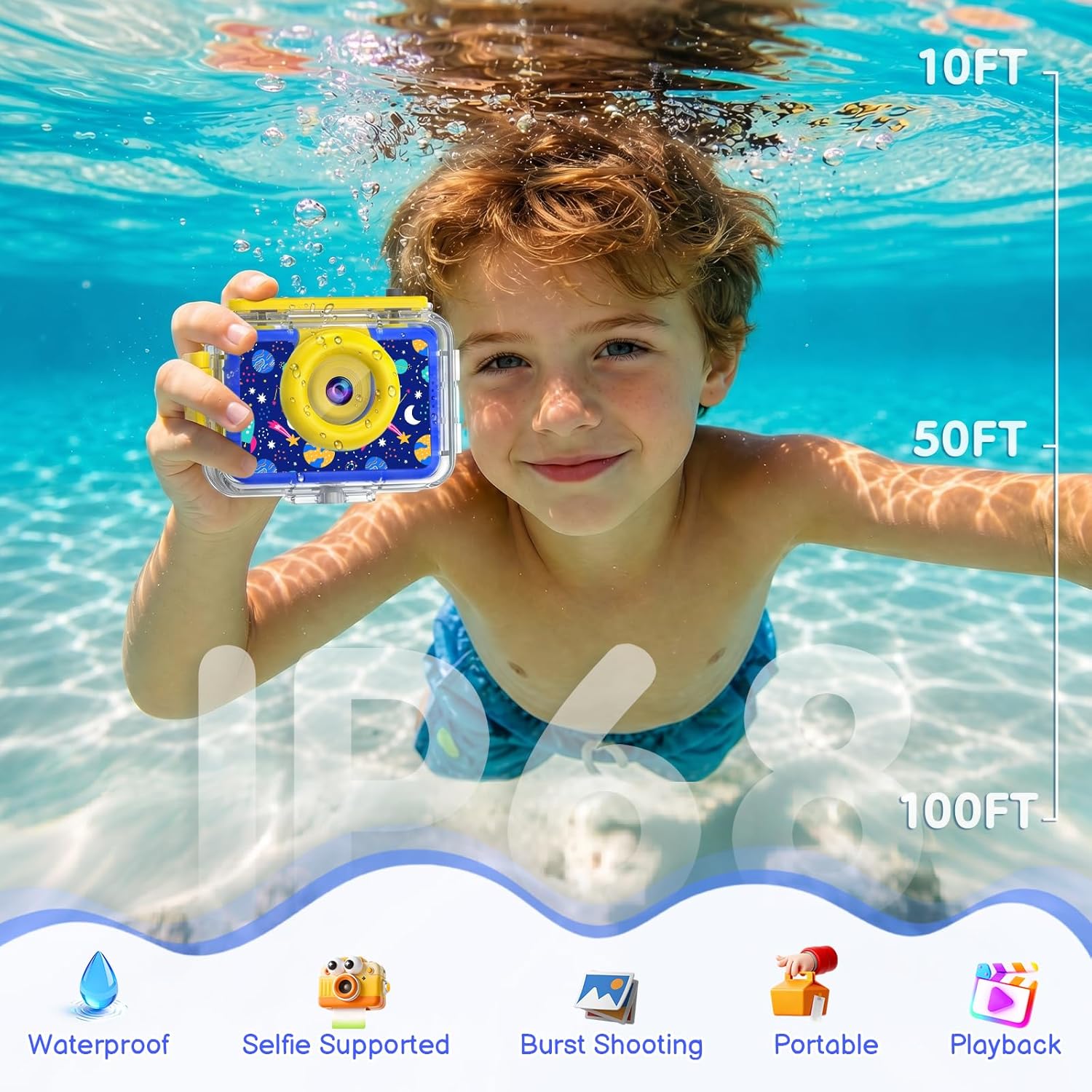 pool toy & kids underwater camera 99ft waterproof kid action camera 1080p video&20mp photo with flip lens, includes 32gb card for diving swimming beach snorkeling.birthday gift for boys - gktz dark blue