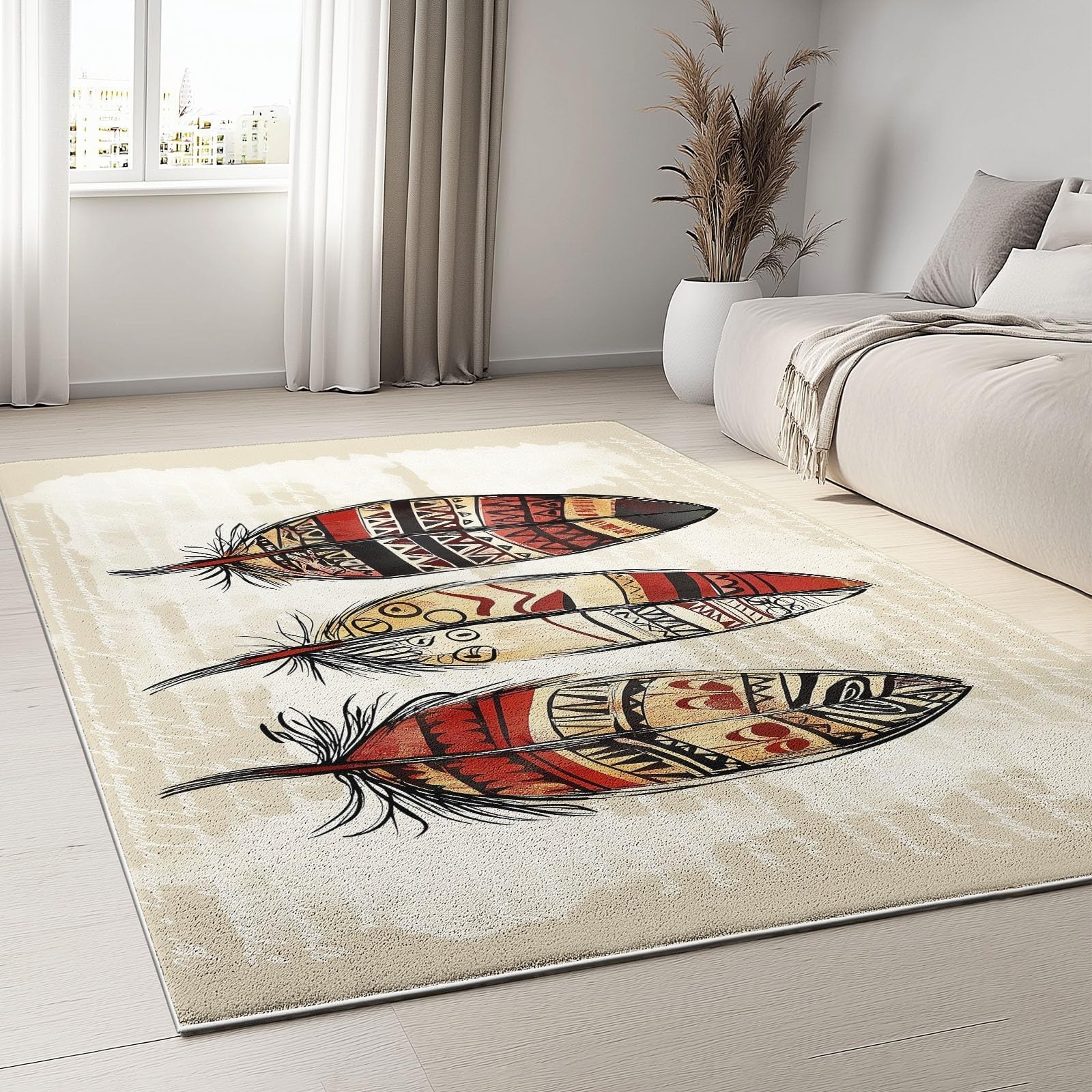Alfombra Lavable Azteca para Sala de Estar, 200 x 300 cm, Estilo Nativo Americano, Estilo Retro de Plumas, Antideslizante, para Dormitorio, Comedor, de Pelo Corto, para Entrada, Cocina, Fina