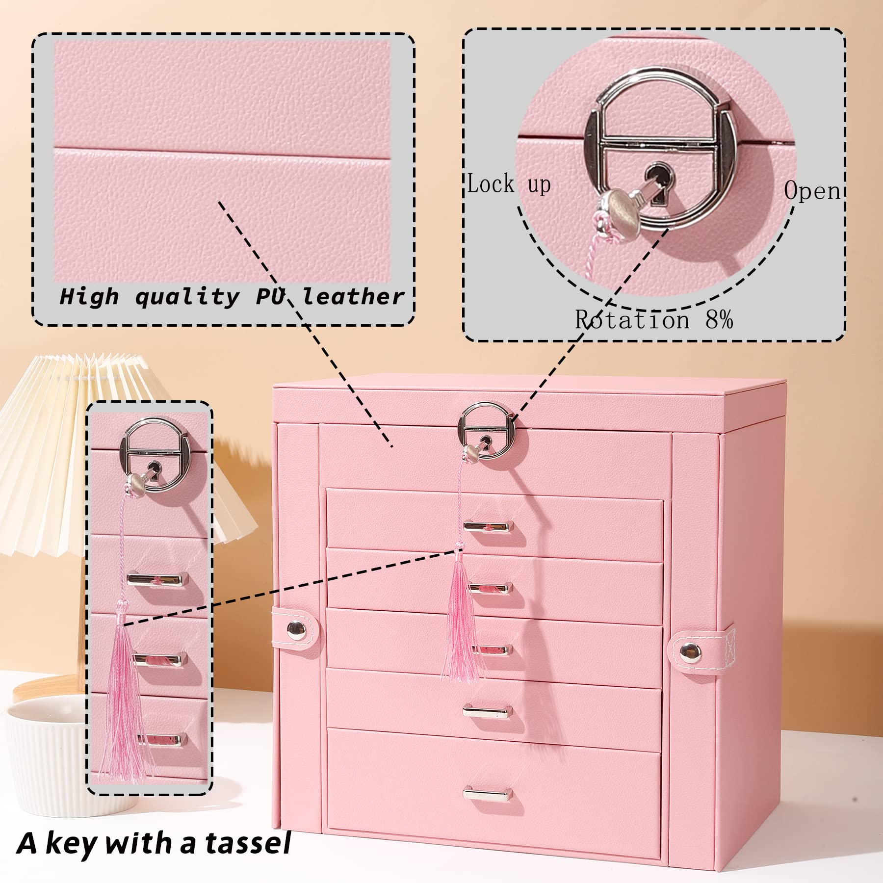BOOVO Jewelry Box For women, 6 Layer Large Jewelry Organizer With Mirror, Multi-Function Storage Box With Lock, Accessory Holder With 5 Drawers, For Earrings Necklace Ring Bracelet (Pink)