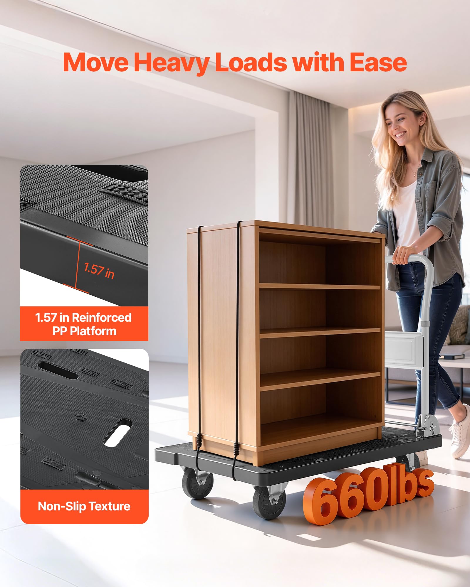 VEVOR Carro Plataforma Plegable 895 x 595 mm, Carretilla de Transporte Carga de 299,37 kg, Carrito Portaequipajes con Plataforma con Ruedas de 127 mm, Asa de Empuje para Tareas Domésticas, Almacén