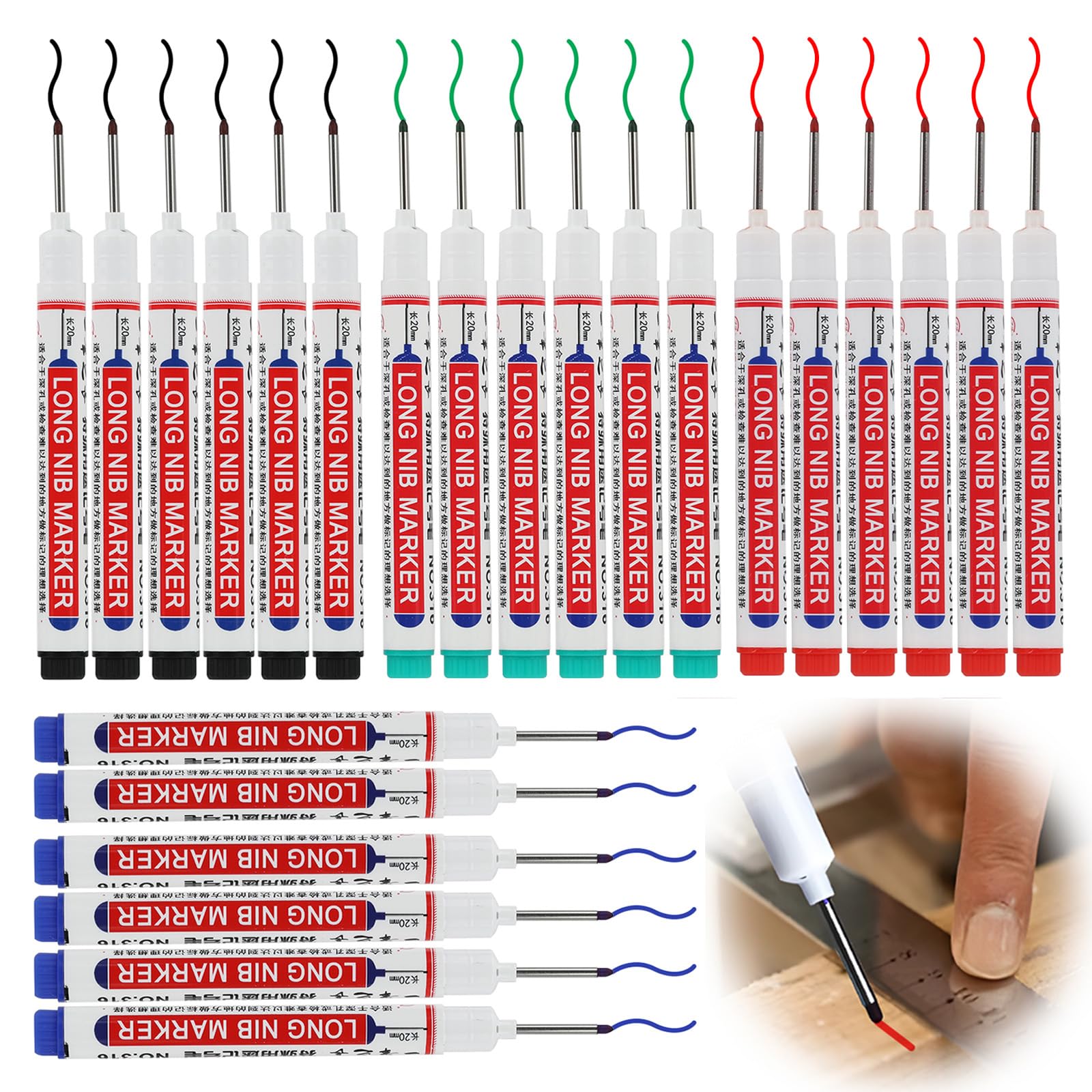 Deep Hole Markers, Carpenter Markers with 20mm Fine Tip, Ideal for Marking Metal, Plastic, Glass, Wood and Paper in Red, Blue, Green and Black Colors (24)
