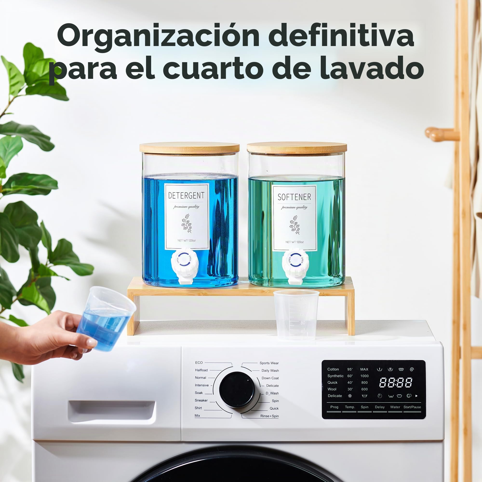 Dispensador de detergente de vidrio para ropa con estante y tapa de bambú, detergente líquido de 3,5 litros, dispensador de jabón para ropa y suavizante de tela para organización y almacenamiento del