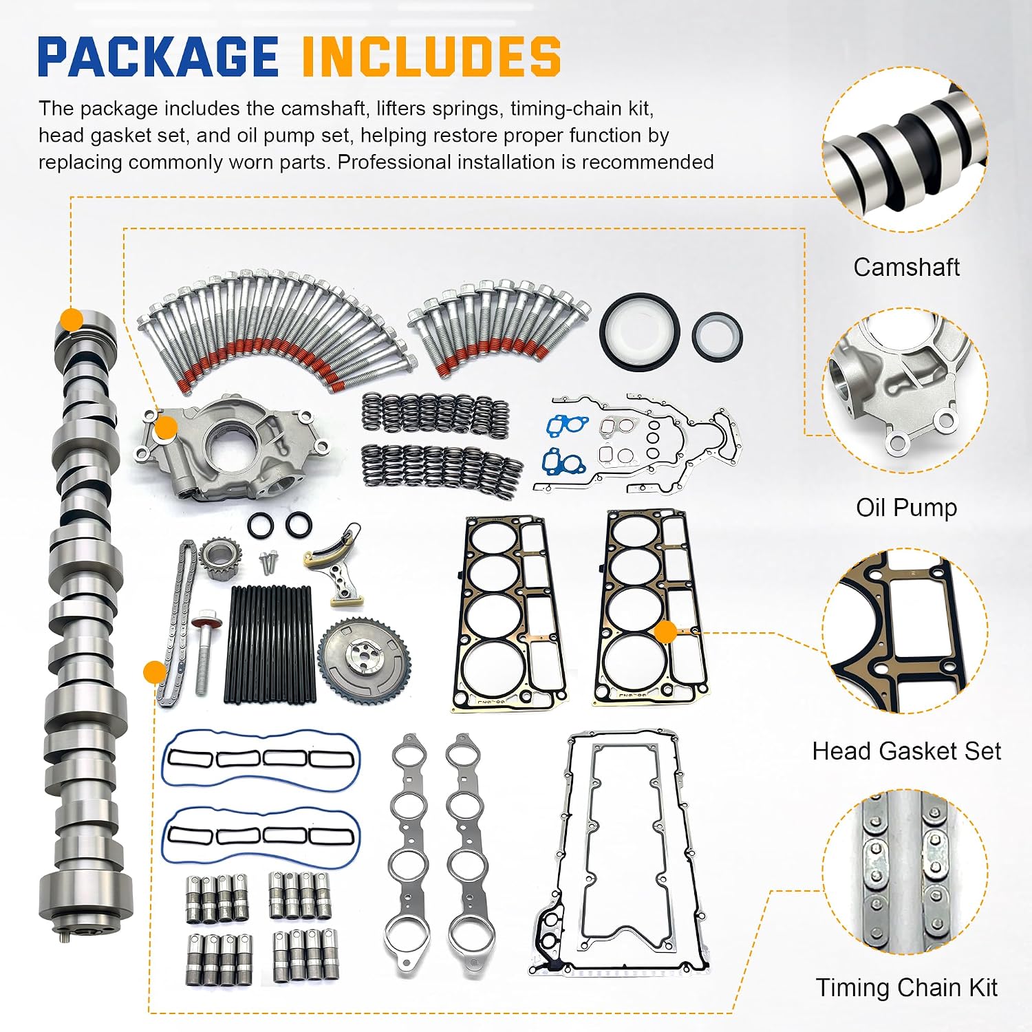 E1840P Sloppy Stage 2 Camshaft Lifter Kit w/Timing Chain Kit | +7.400 Pushrod | Spring | Head Gasket Bolt Set | Oil Pump Fit For Chevy GMC 4.8 5.3 5.7 6.0 6.2 LS1 LS2 LS6 LQ4 LQ9 LM7 GEN 4 2007-2013