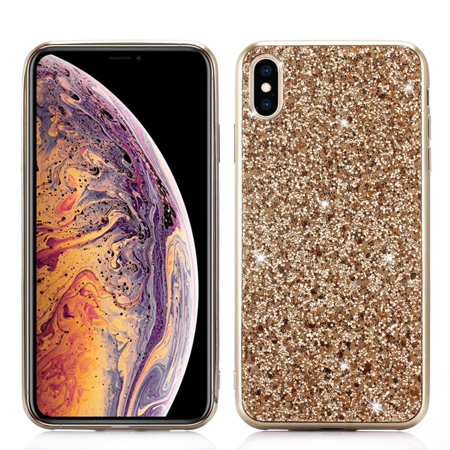Xifanzi Gold Luxury Bling Glitter Silicone Case Cover For Iphone X/Xs (5.8") Soft Tpu Rubber Shinny Sparkle Gel Shockproof Back Case Backcover For Apple Iphone X/Iphone Xs (Gold)