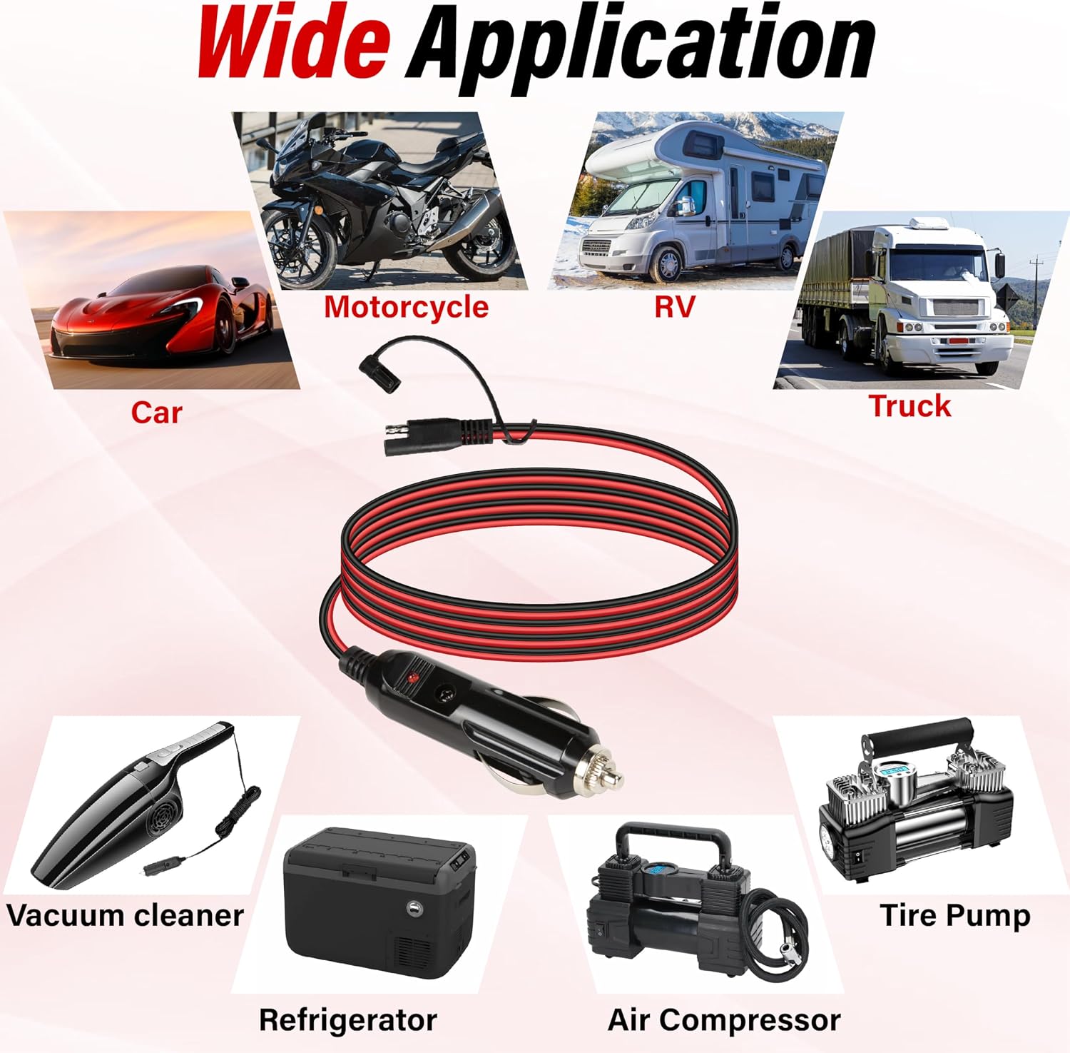SAE To Cigarette Lighter Plug, 16AWG 15A Trickle Charger for Car Battery 12v Cigarette Lighter, 12V Cigarette Lighter Plug to SAE Extension Charging Cable with Fuse and LED Light (10FT, 3 Meter)