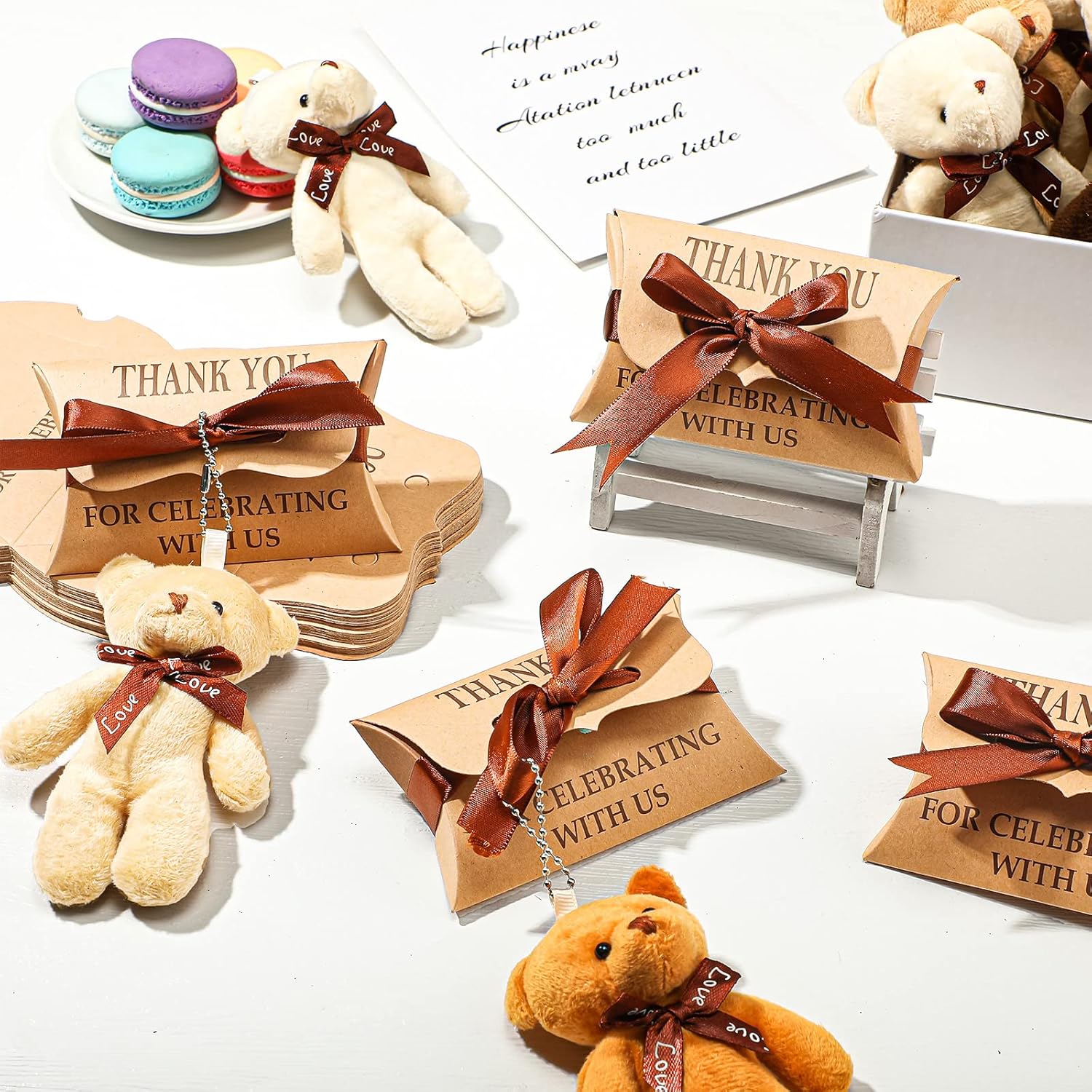 HyDren 120 Pcs Mini Bear Baby Shower Favors Small Tiny Plush Bear Bulk 4.7 Inch Mini Stuffed Animals with Pillow Box with Ribbon for Baby Shower Wedding Birthday Party Favor Centerpiece Supplies