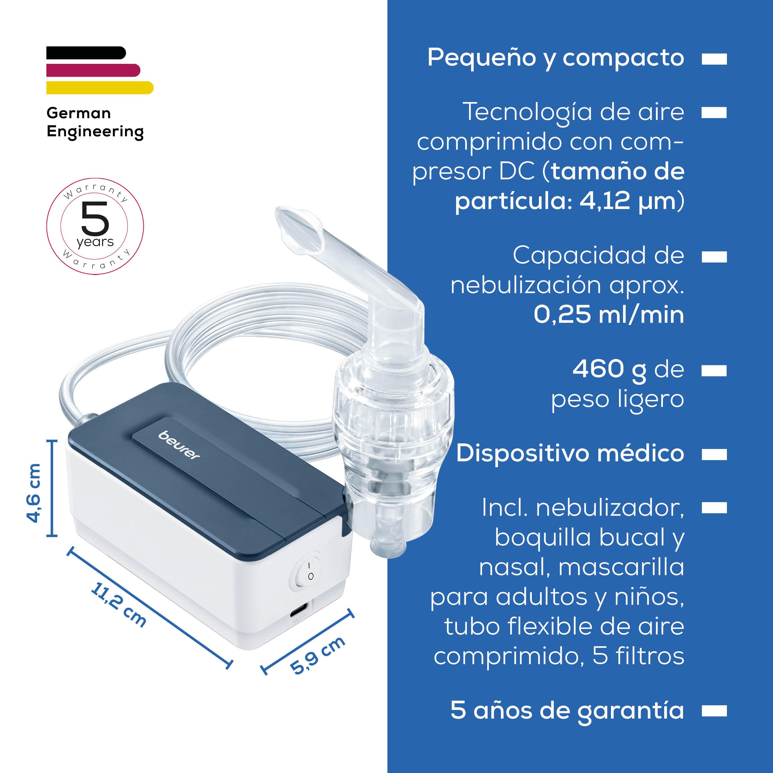 Beurer IH 15 Inhalador, dispositivo para resfriados y enfermedades respiratorias como asma y EPOC, nebuliza medicamentos, pequeño y ligero, operación con un botón, ideal para uso diario