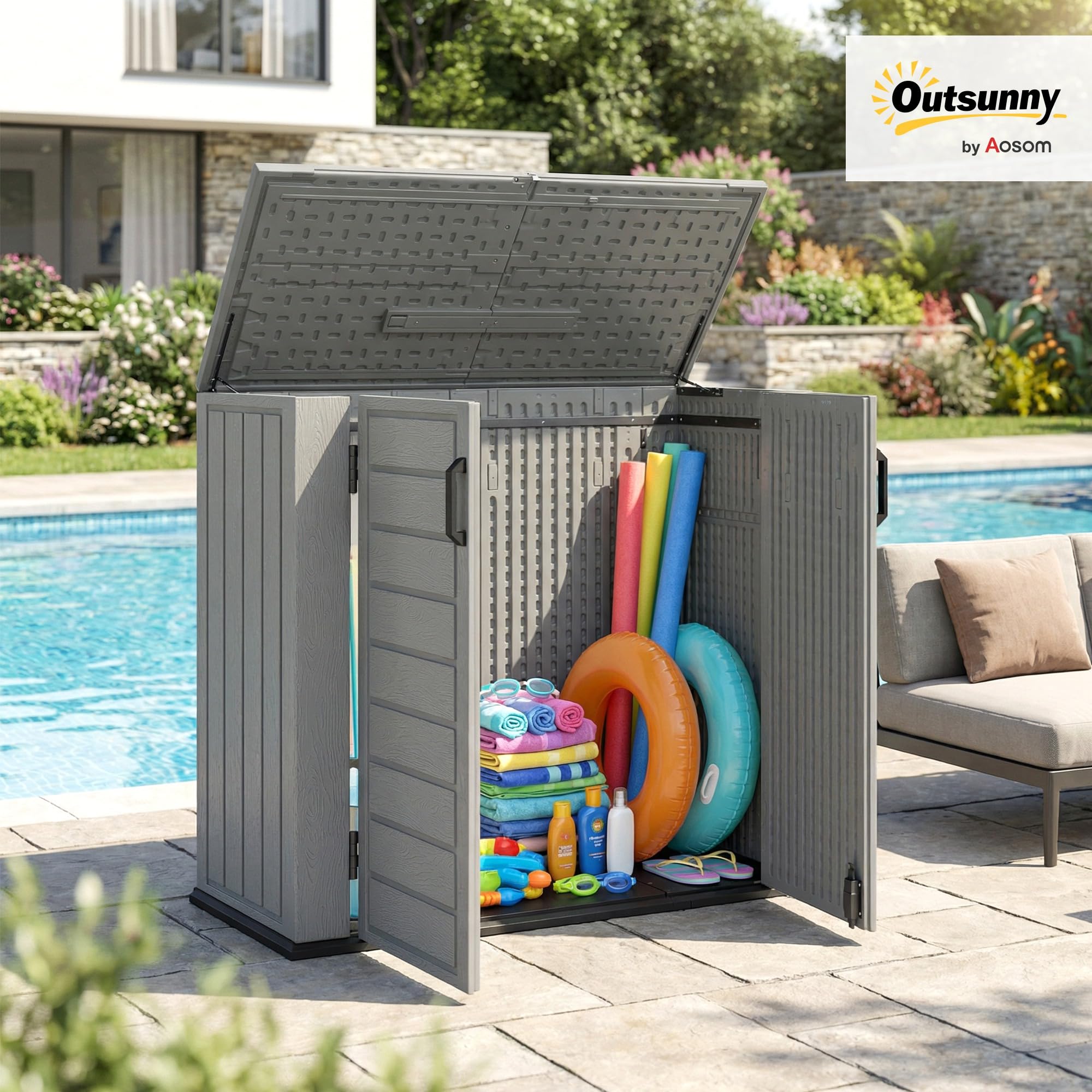Outsunny Armario de Exterior de HDPE 940L 142x67x119 cm Gris Claro | Caseta de Jardín Exterior, Tapa Abatible, 2 Puertas, Cerradura, Cobertizo para Herramientas