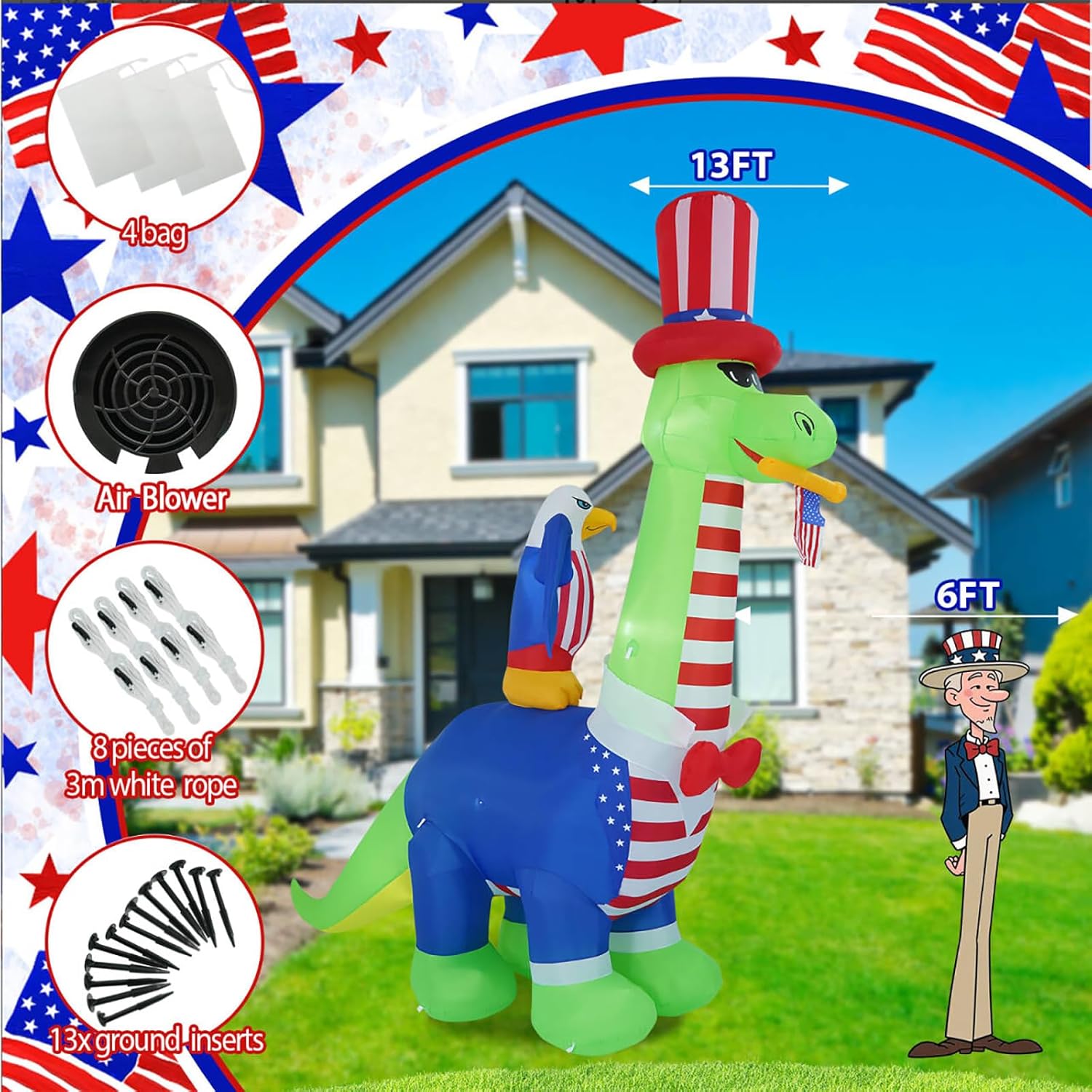 13FT Inflatables Independence Day Dinosaur and Eagle, 4th of July Inflatables Suitable for Outdoor, Indoor, Patio, Lawn Garden Inflatable Decoration for Independence Day