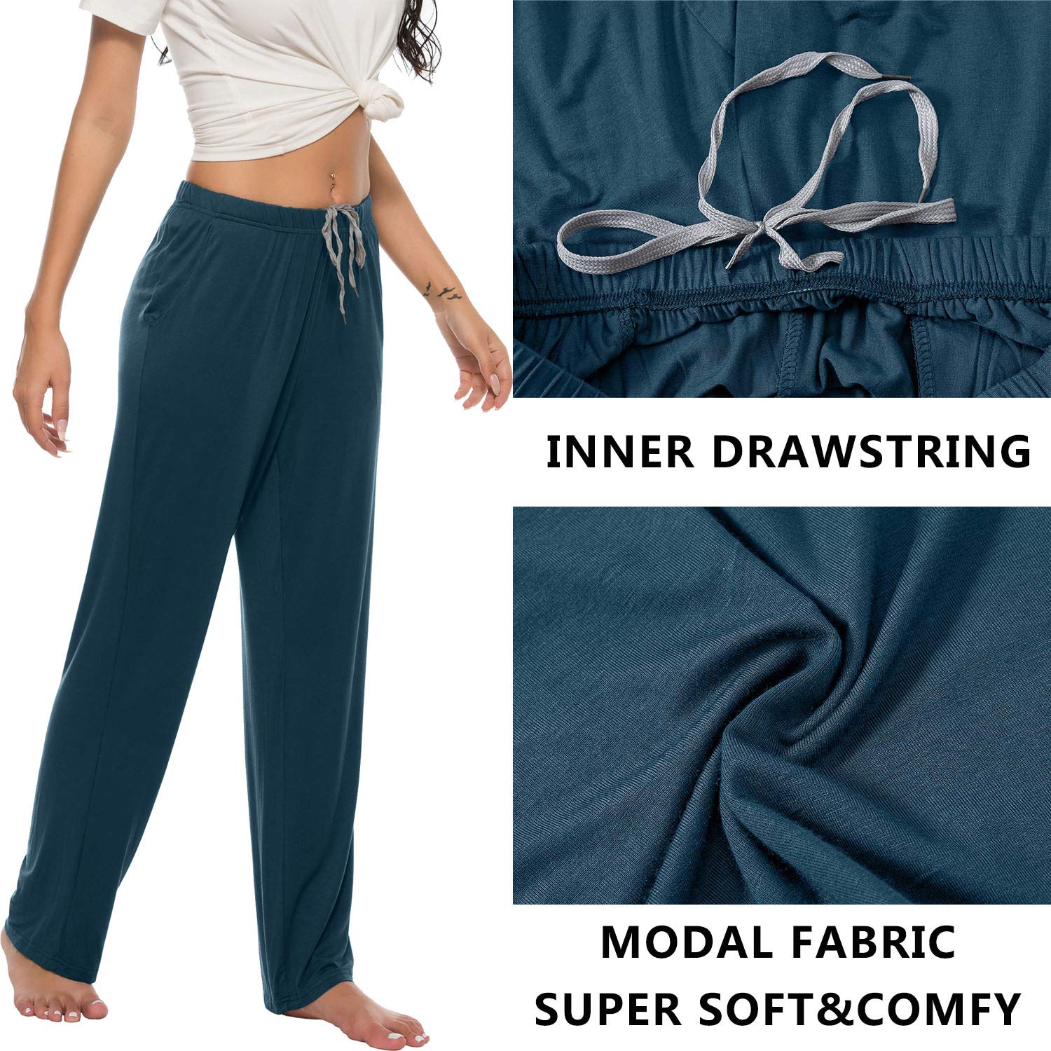 MoFiz Pantaloni Lunghi da Pigiama Donna Morbidi Pantaloni Larghi da Notte con Tasche per Yoga Jogging