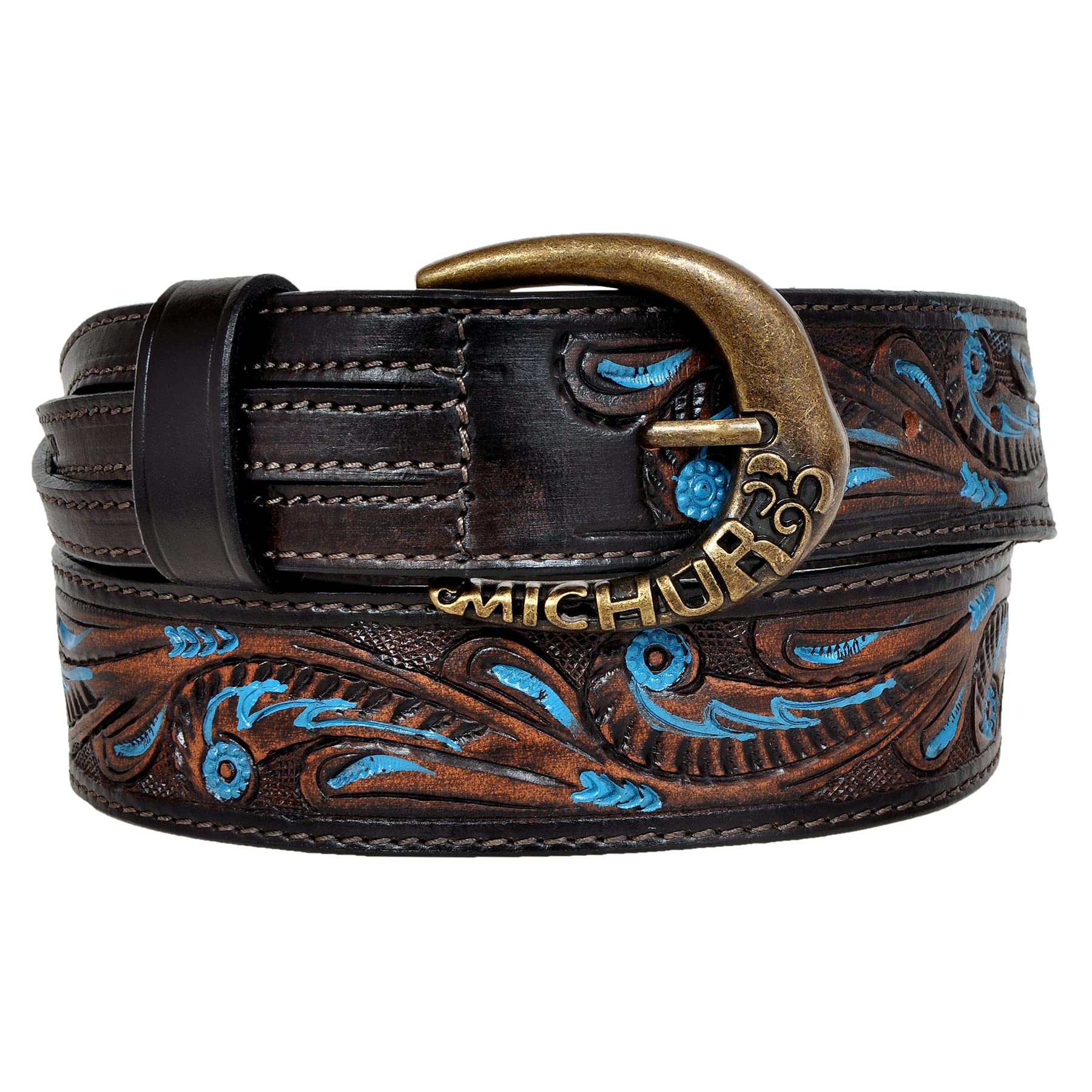 MICHUR Luis mans leather belt, leather belt for men brown with blue accents and a beautiful pattern, available in different sizes