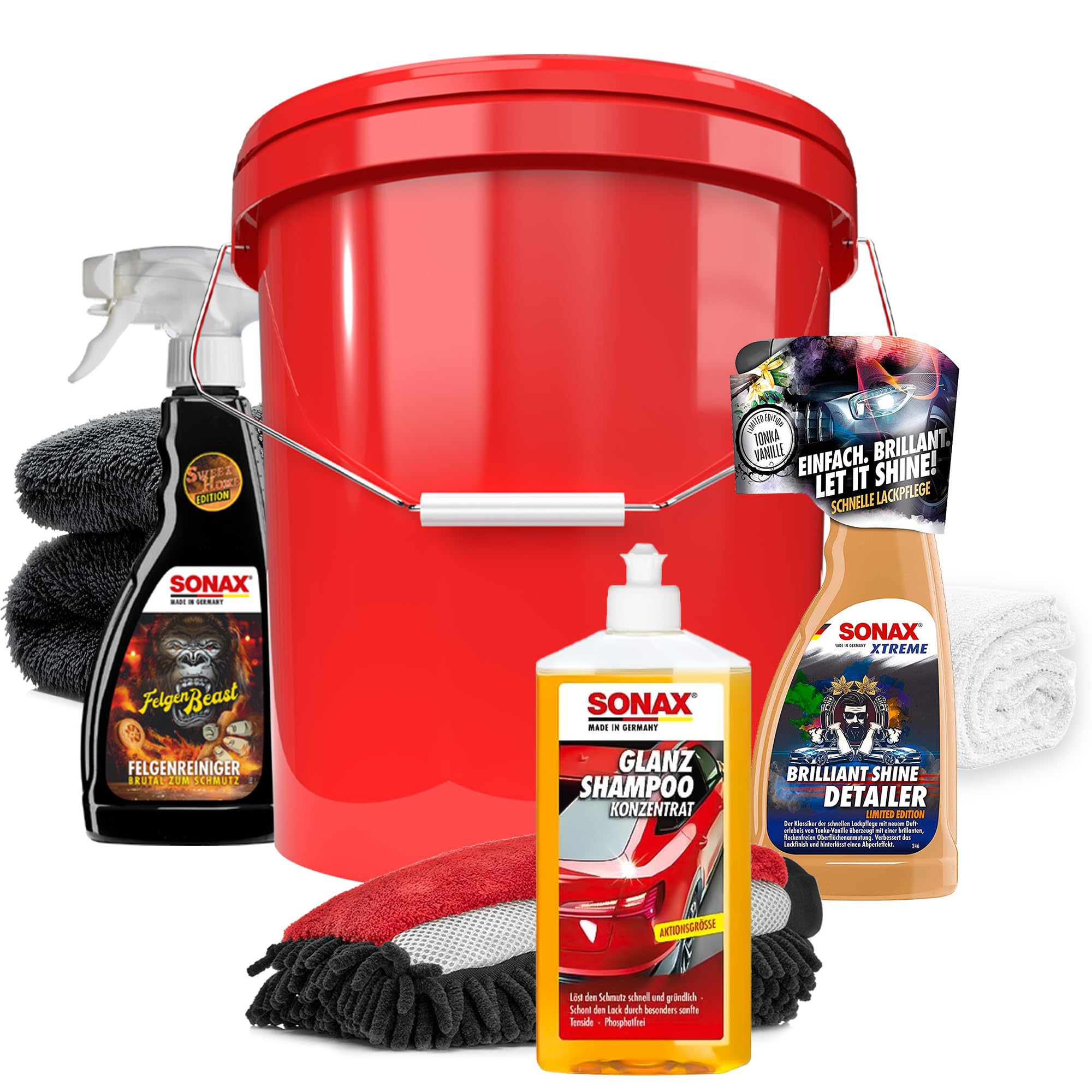 Autowäsche Set - SONAX: Autoshampoo, Felgenbeast Felgenreiniger, Brilliant Shine Detailer - Detailmate: Trockentuch, Waschhandschuh, Wascheimer mit Deckel - Autoreinigungsset Aussen