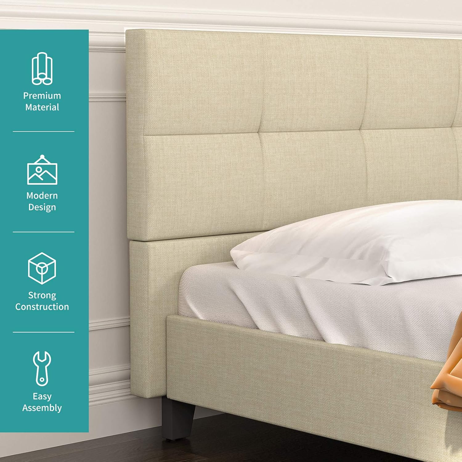 mecor Upholstered Linen Full Platform Bed Metal Frame/Mattress Foundation with Wood Slats/Tufted Square Stitched Fabric Headboard/Easy Assembly - Beige, Full Size