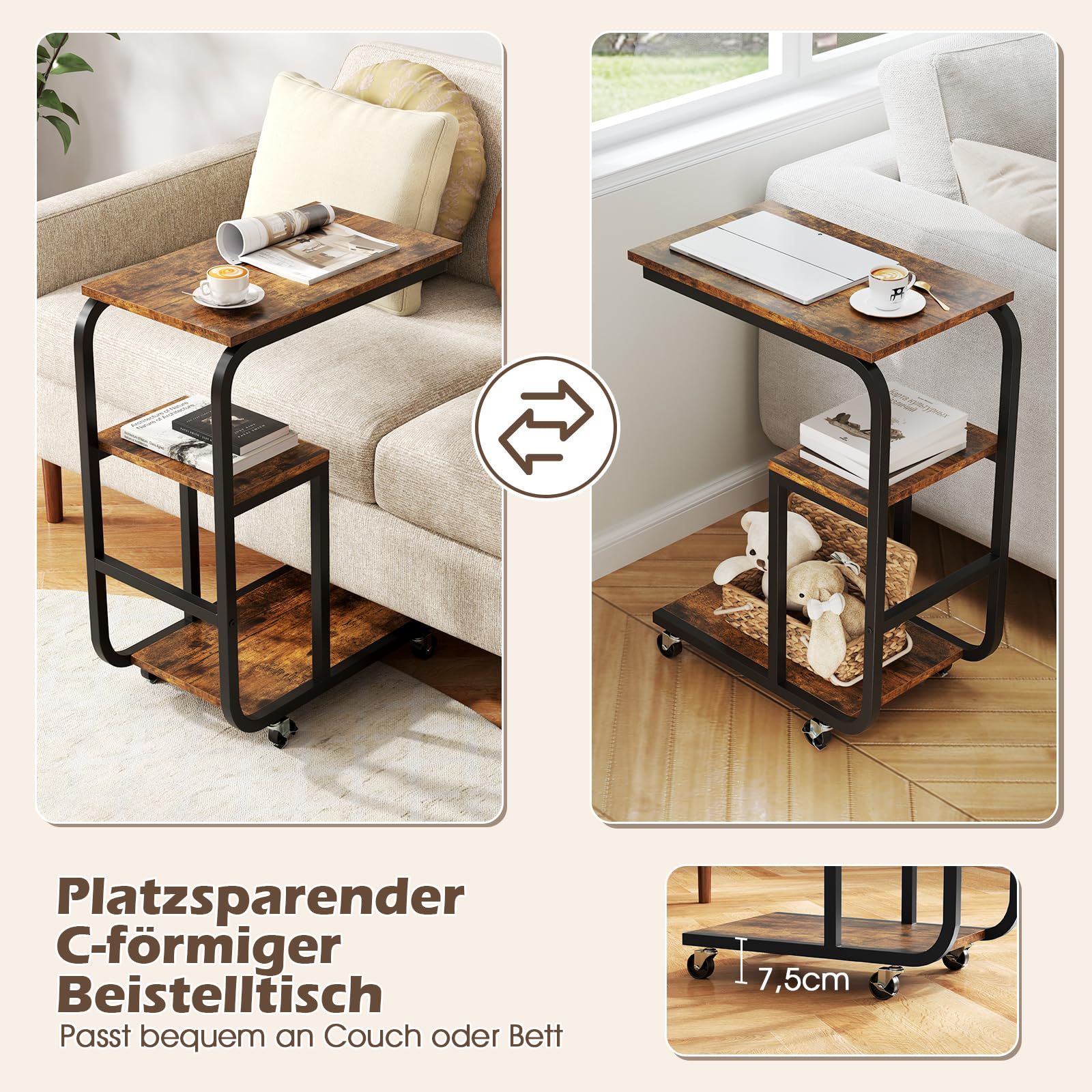COSTWAY Stolik pomocniczy, stolik kawowy na kółkach, w kształcie litery C, 3 poziomy, mobilny, do salonu, metalowa rama, do kawy i laptopa, 53 x 30 x 70 cm, wzornictwo przemysłowe (2)