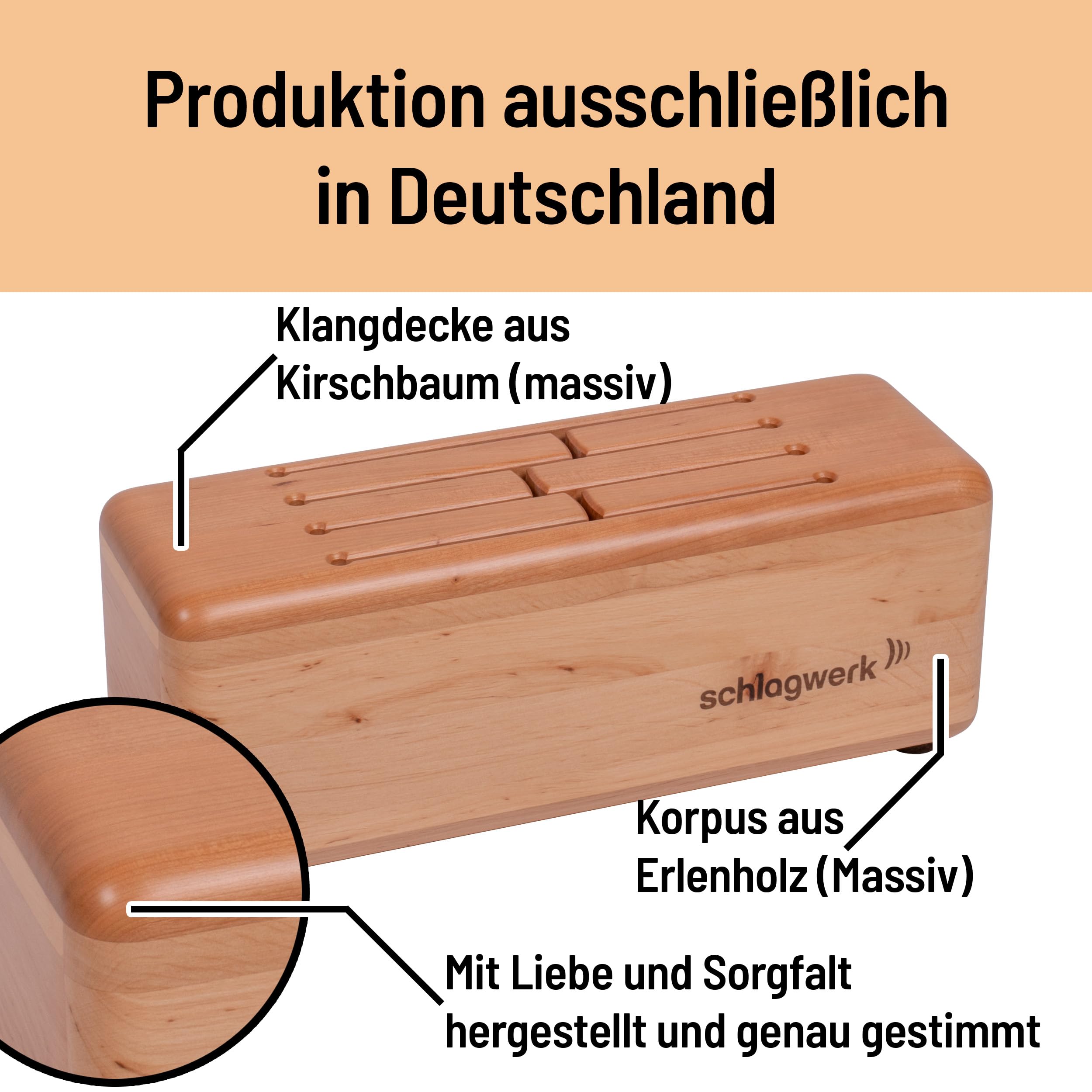 Schlagwerk 45063 Schlitztrommel (Log Drum) - 6 Töne, F-Pentatonik - Hochwertiges Percussion-Musikinstrument aus Kirsche & Erle für Musiktherapie, Klangschalen-Entspannung & Früherziehung