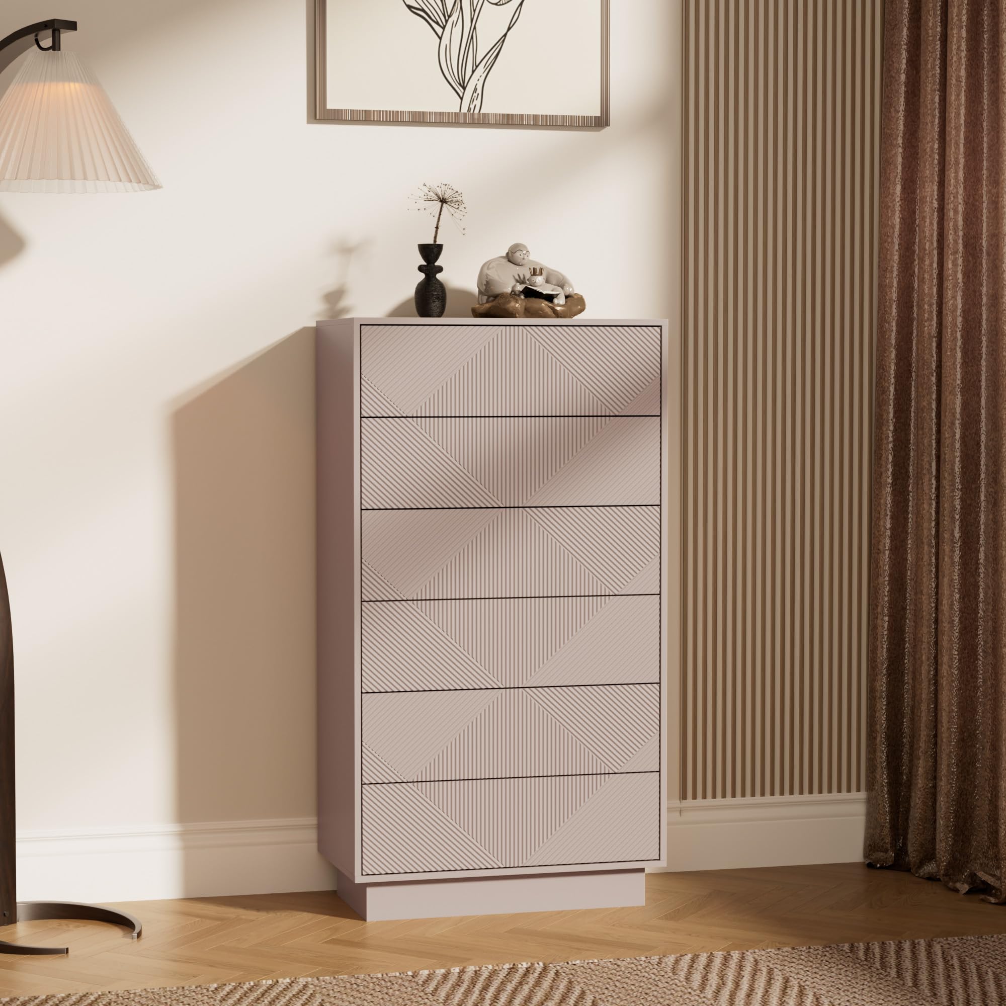 UEV Cassettiera a 6 Cassetti con Motivo a Rombi, Settiminio Spazioso per Archiviazione, Comò Stabile e Durevole per Soggiorno, Camera da letto, Corridoio, 60 x 33,5 x 111 cm, Beige Mocca | Credenza con cassetti Push to Open, armadio multiuso per soggiorno