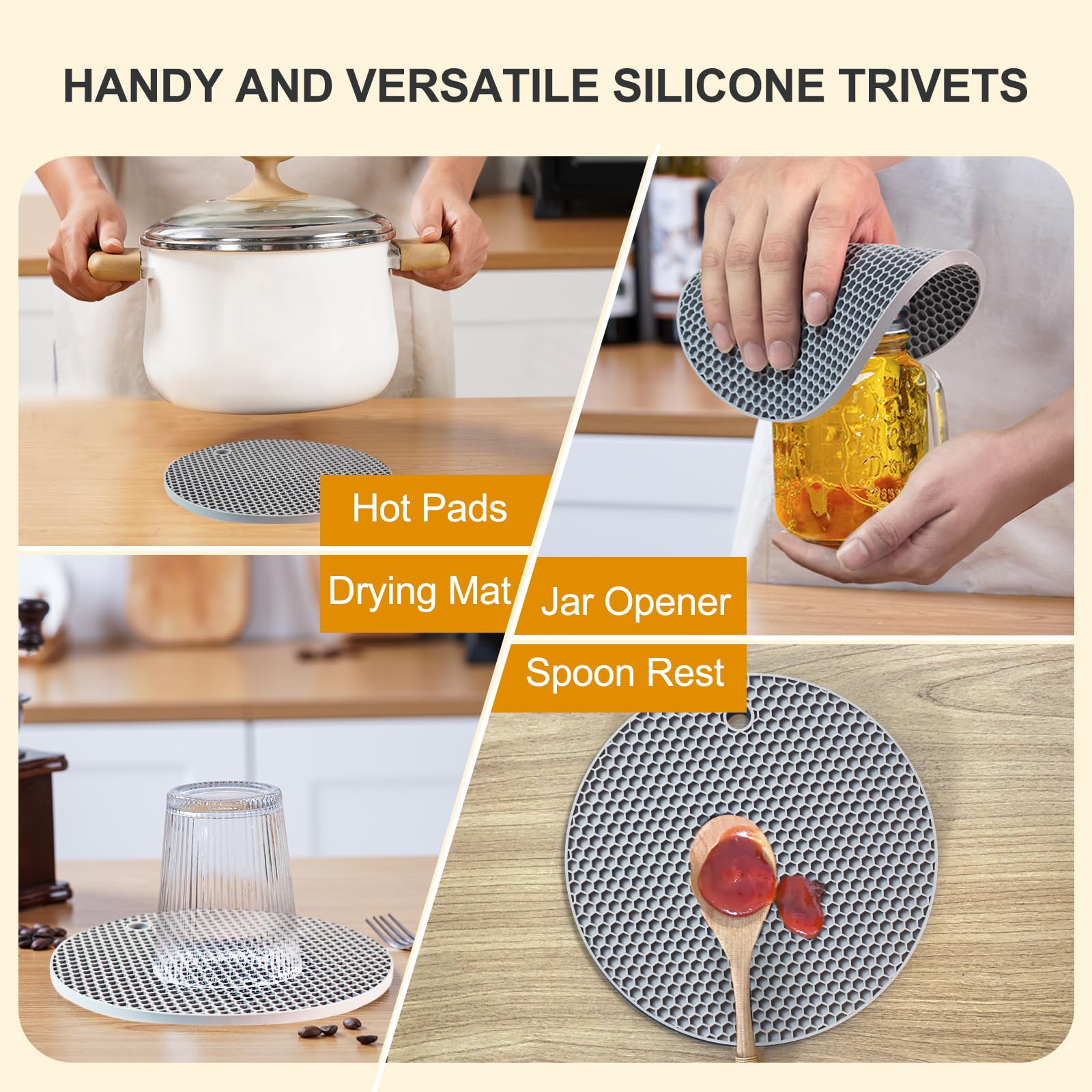 Salvamanteles de silicona, paquete de 4 soportes para ollas para cocina, resistentes al calor, antideslizantes, para platos calientes, ollas y sartenes, encimera, mesa, silicona de grado