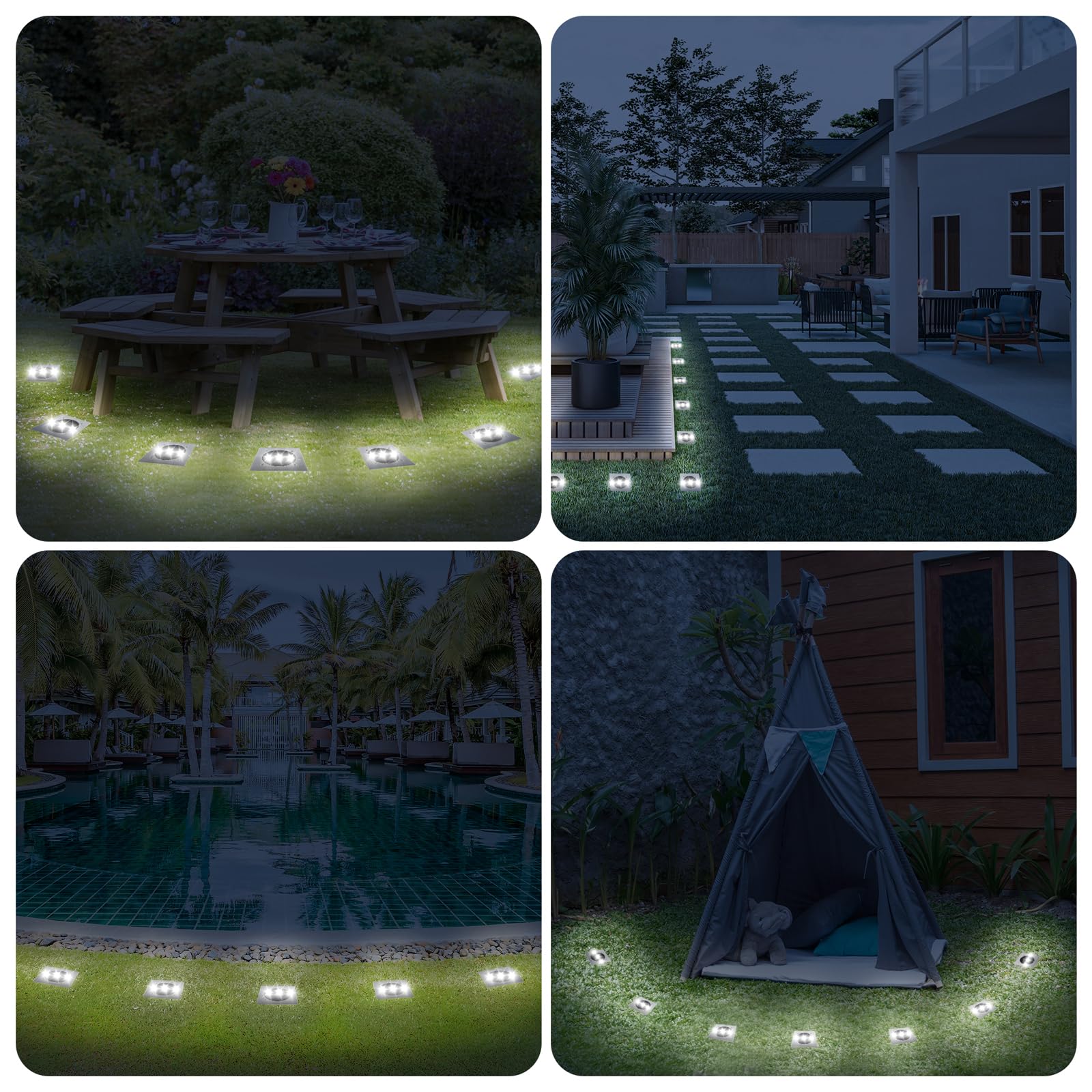 TOSHIN Luce Solare Esterna LED Lampada Solare Giardino Pavimento Impermeabile IP65 Faretto Solare Esterno per Percorsi Cortile Prato Terrazza Piscina, Quadrato, Bianco Freddo, Set di 4
